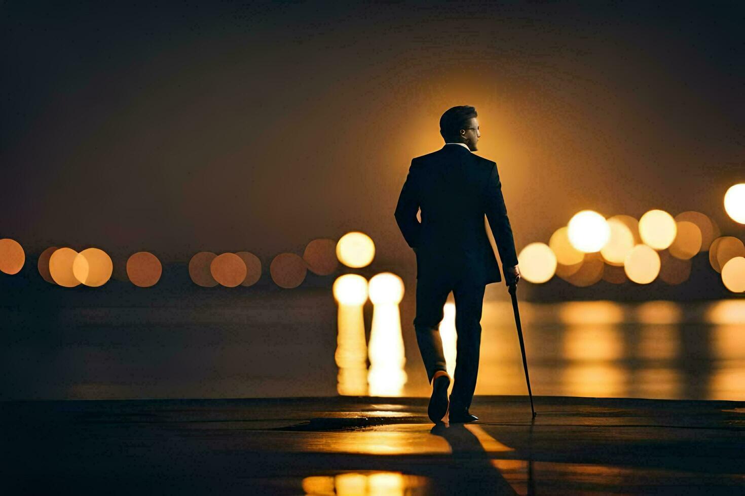 a man in a suit walking along the water at night. AI-Generated photo