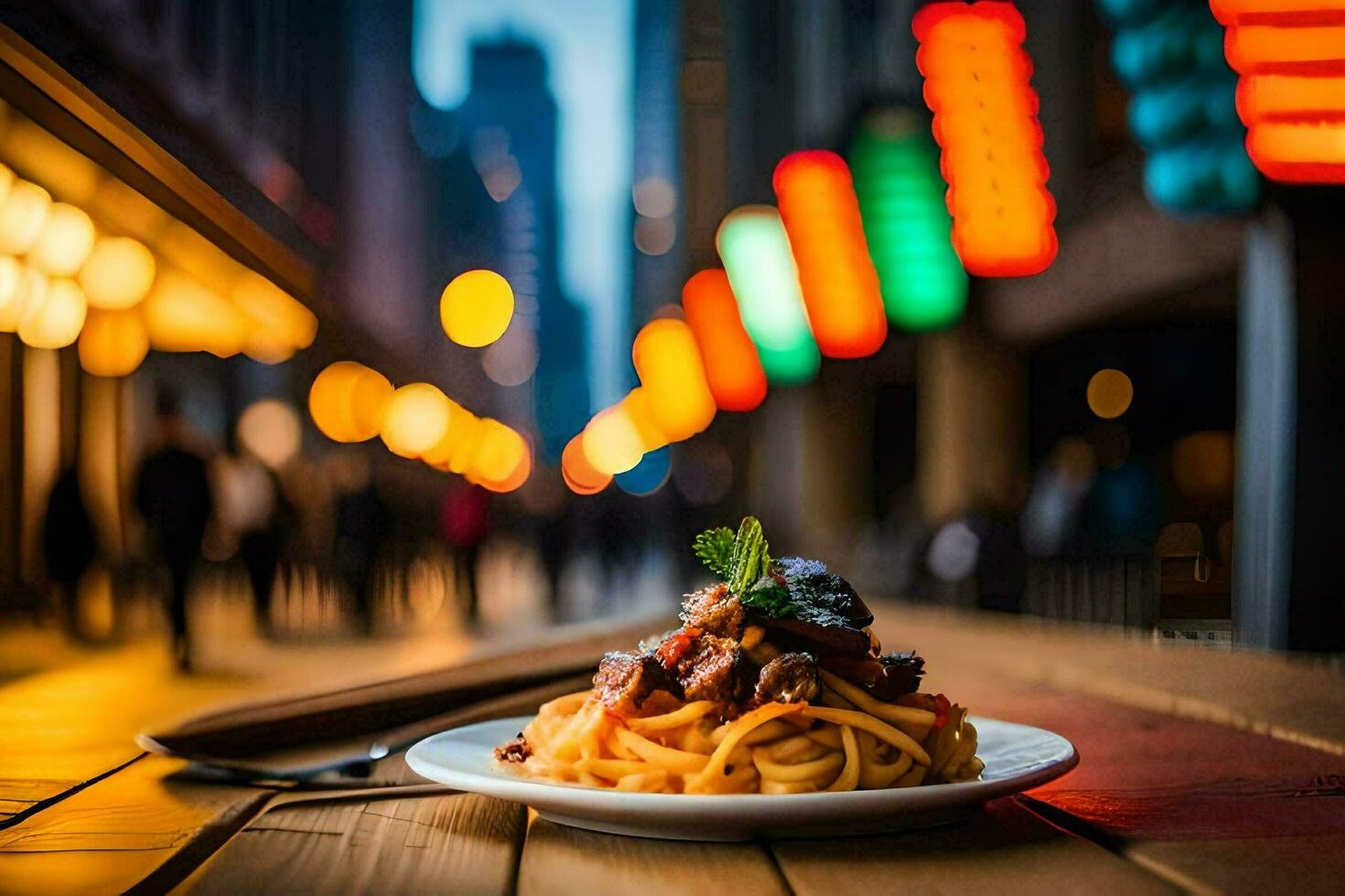 a plate of spaghetti is on a table in front of a city street. AI-Generated photo