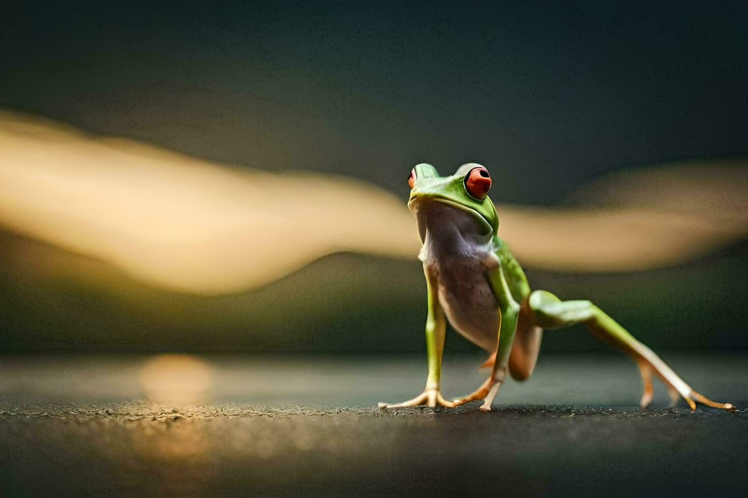 a frog with red eyes standing on the ground. AI-Generated photo