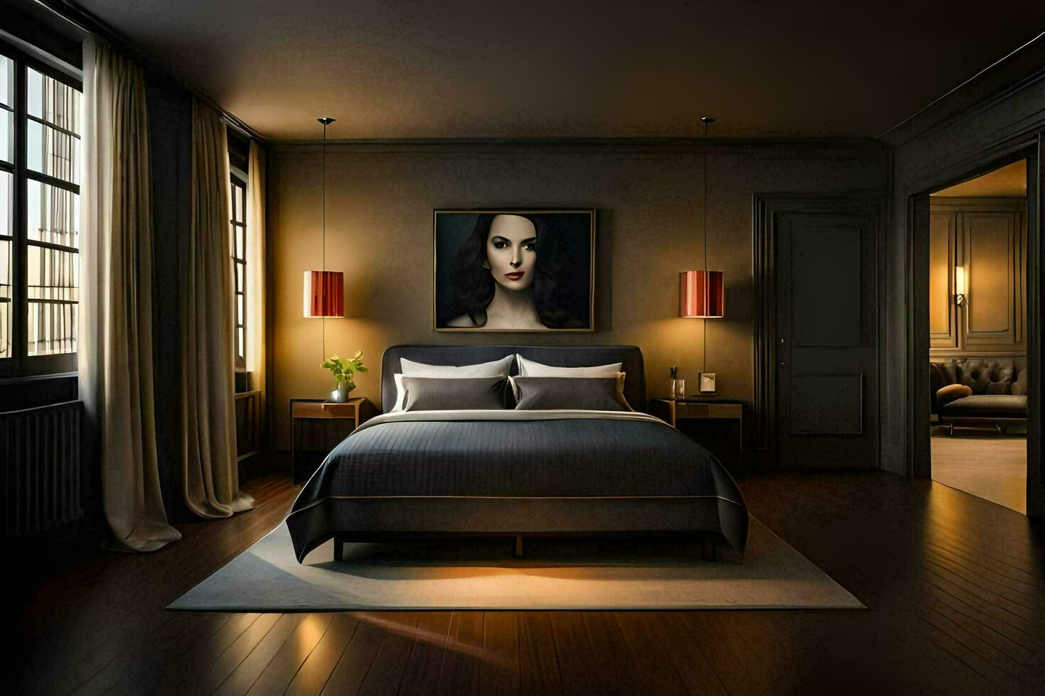 a bedroom with a large bed and a painting on the wall. AI-Generated photo