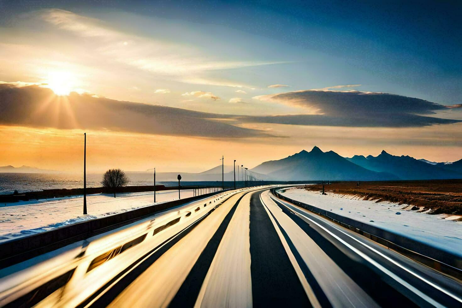 un largo exposición foto de un autopista en el invierno. generado por ai