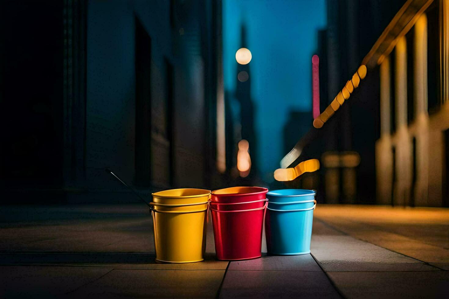 three colorful buckets sit on the ground in a city. AI-Generated photo