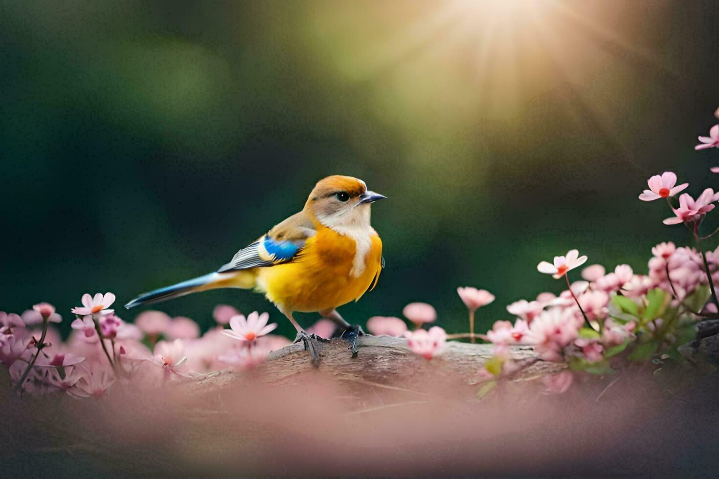 un pájaro es sentado en un rama en frente de rosado flores generado por ai foto
