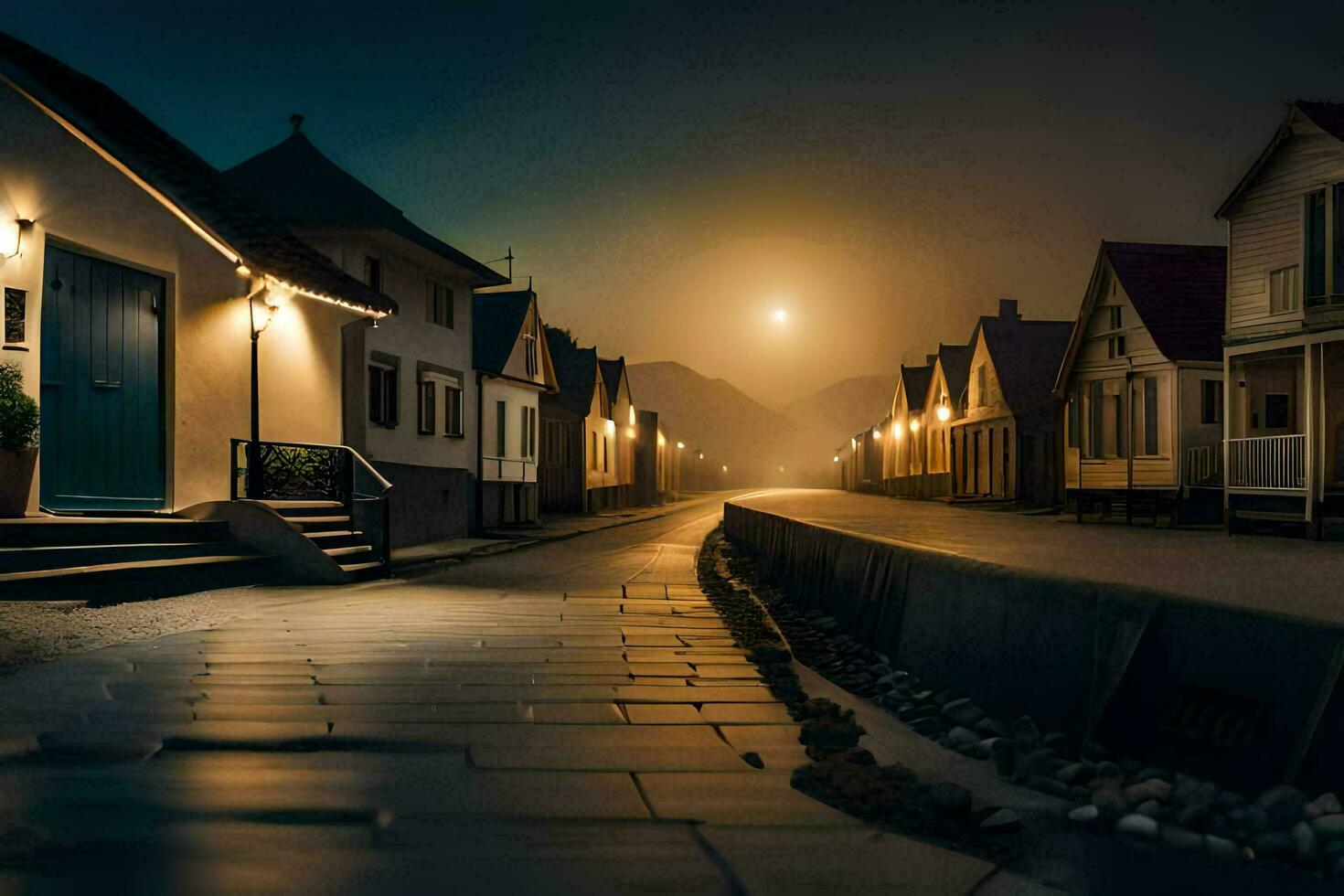 a street at night with houses and a moon. AI-Generated photo