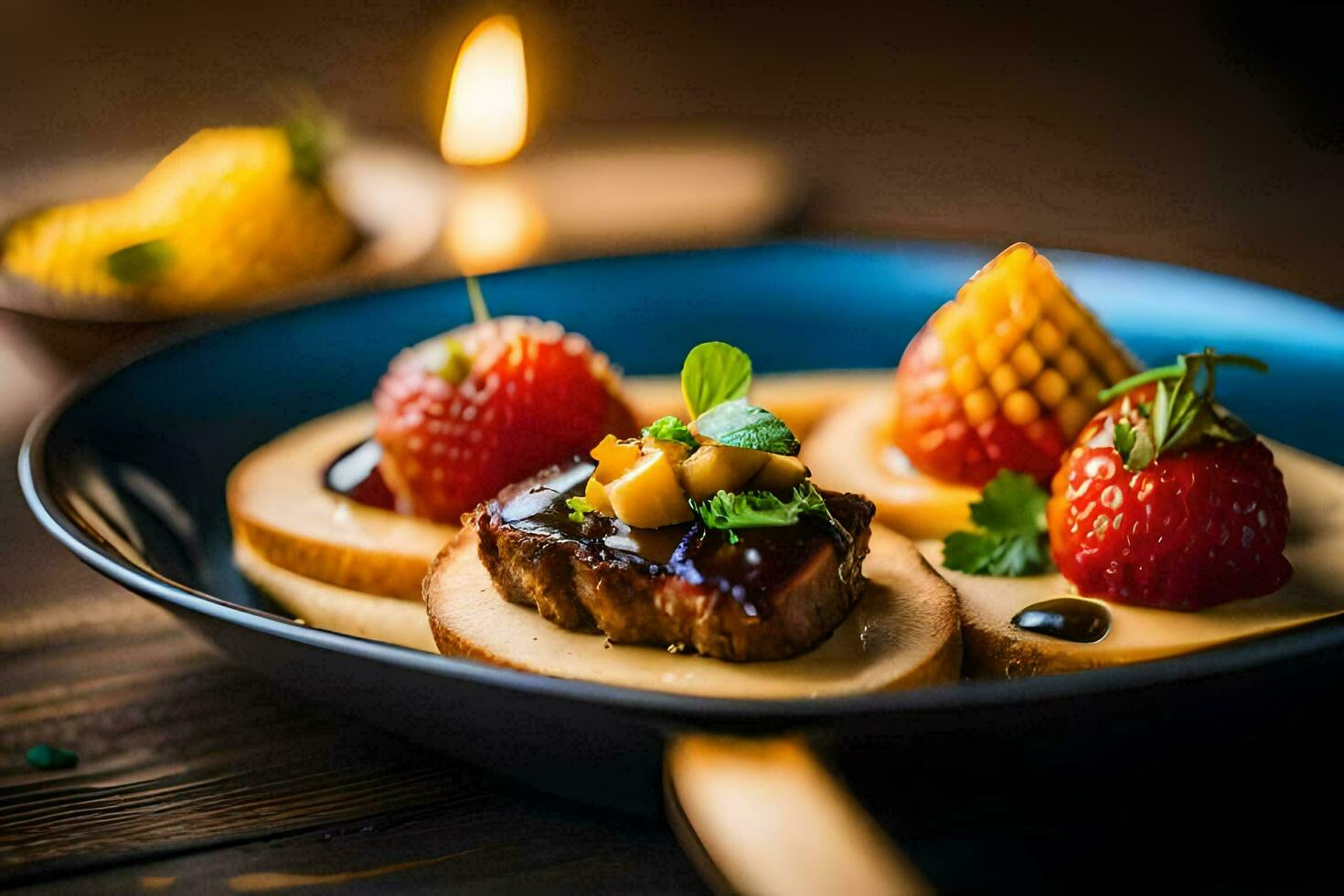 a plate with strawberries and meat on it. AI-Generated photo