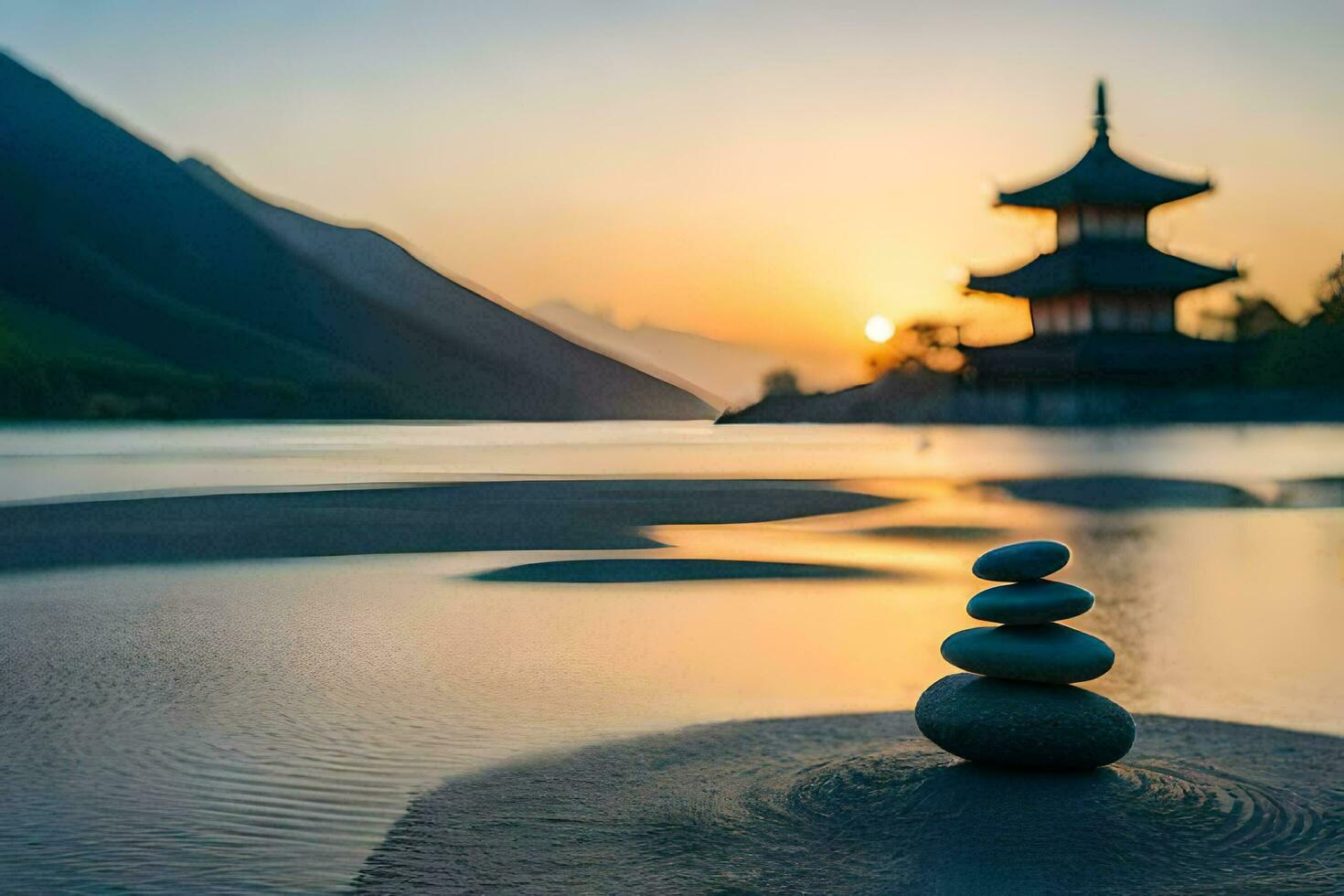a pagoda in the background of a lake at sunset. AI-Generated photo