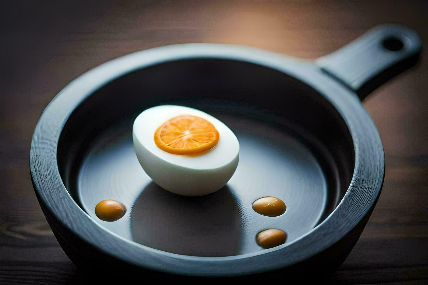 a boiled egg in a pan with orange slices. AI-Generated photo