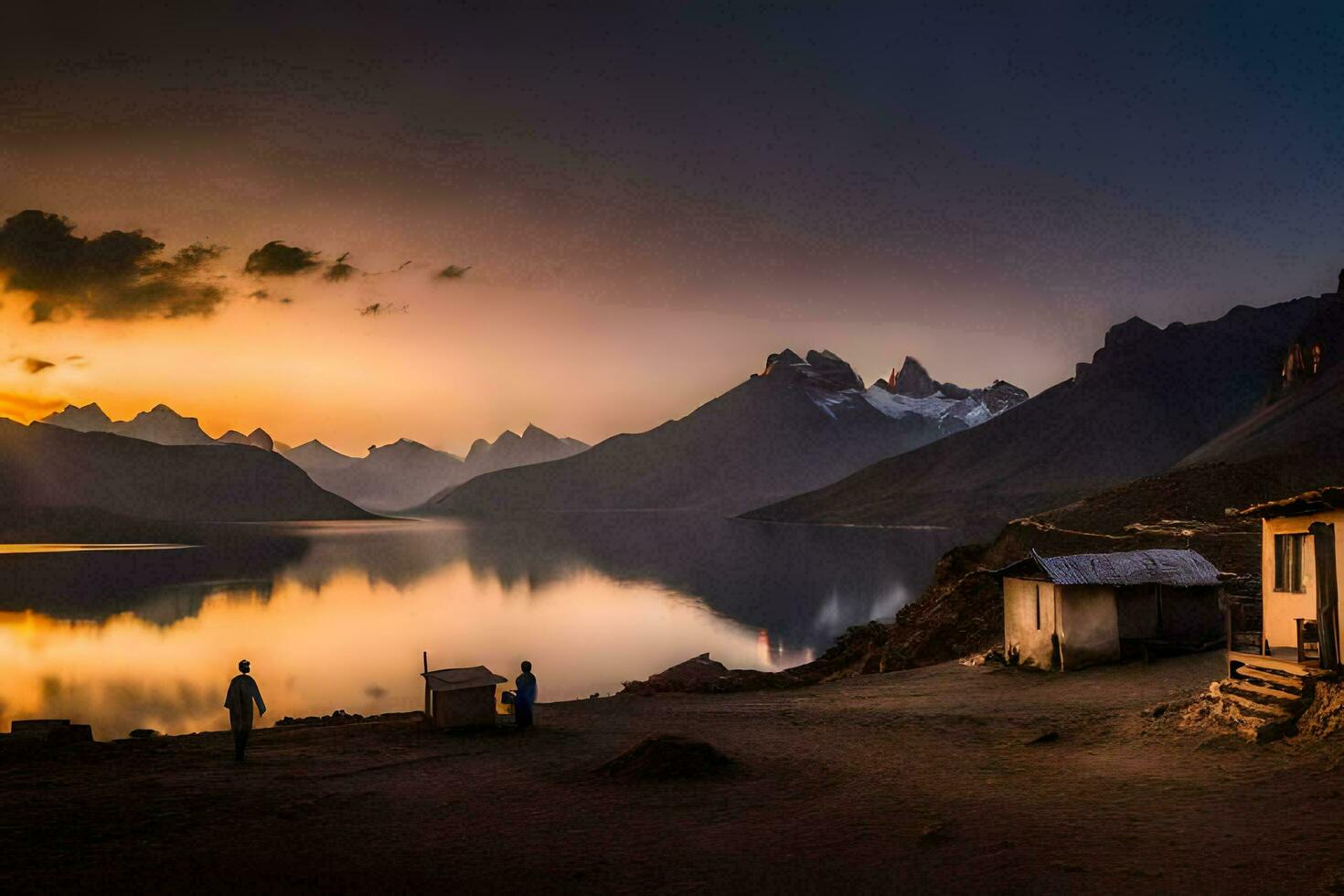 el Dom conjuntos terminado el lago y montañas. generado por ai foto