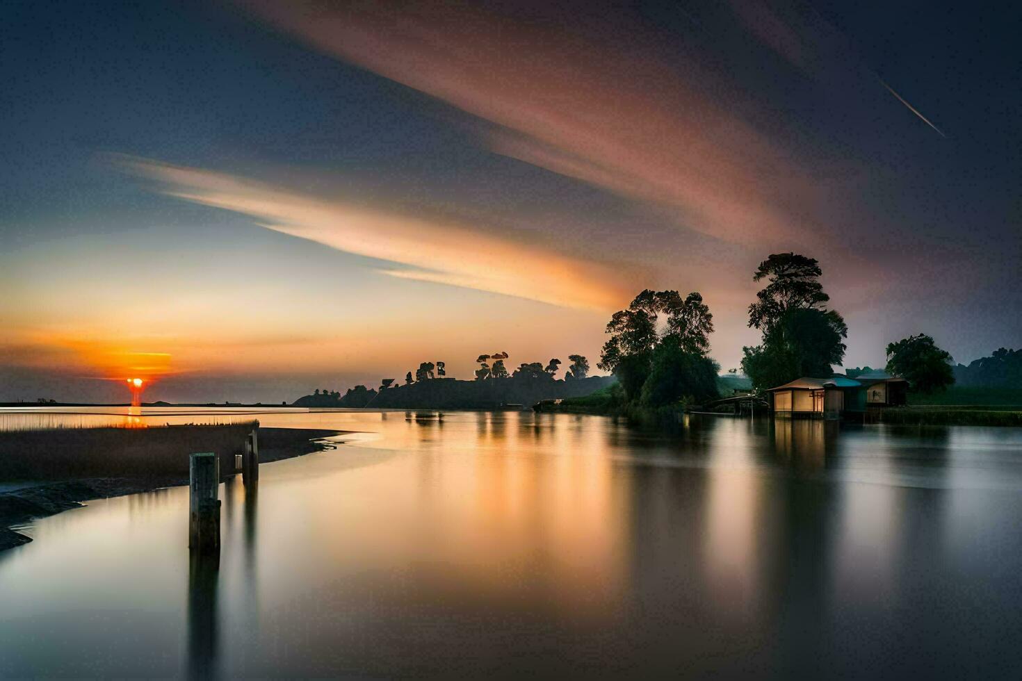 a long exposure photograph of the sun setting over the water. AI-Generated photo