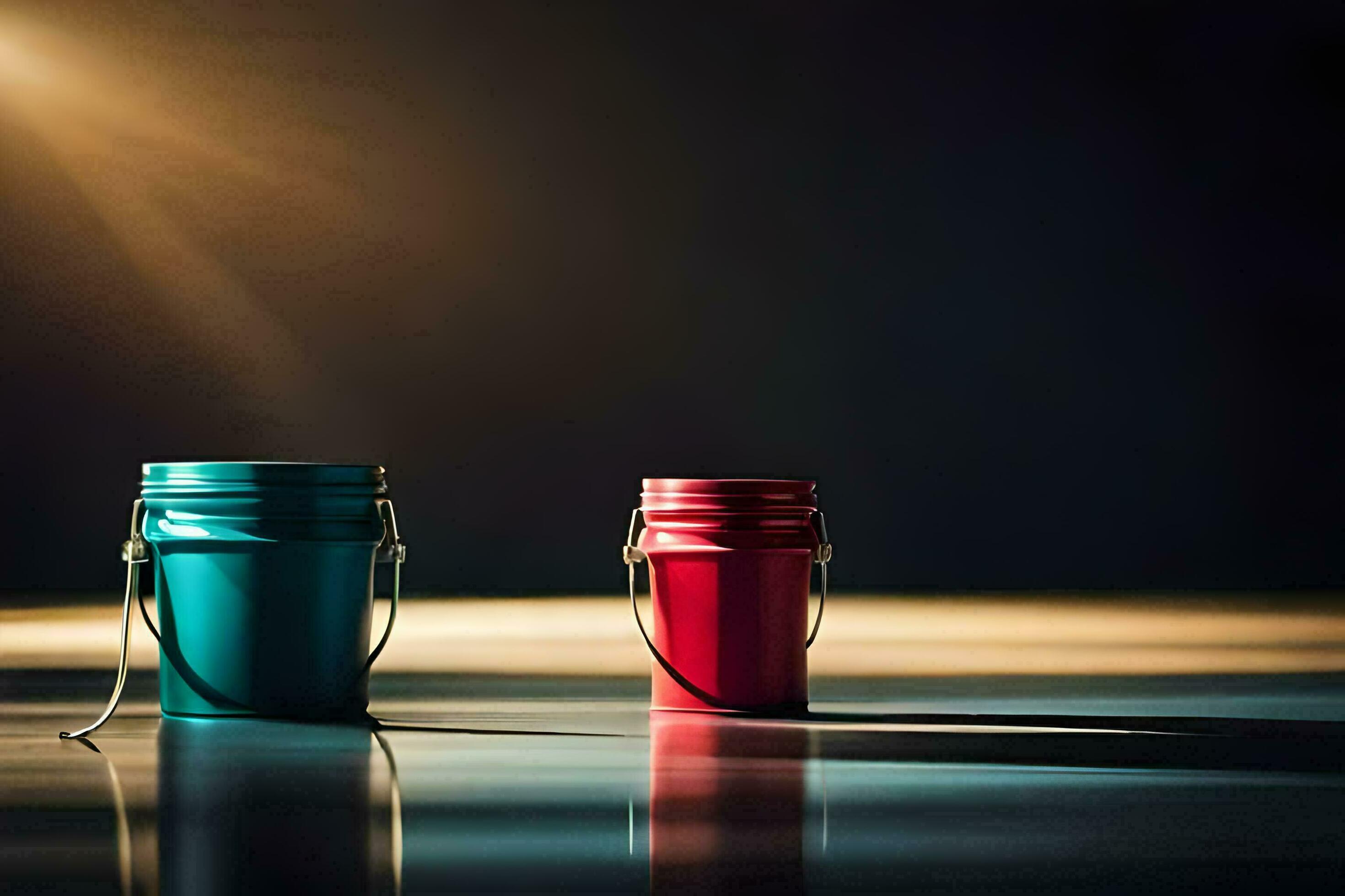 two red and blue buckets on a table with light shining on them. AI