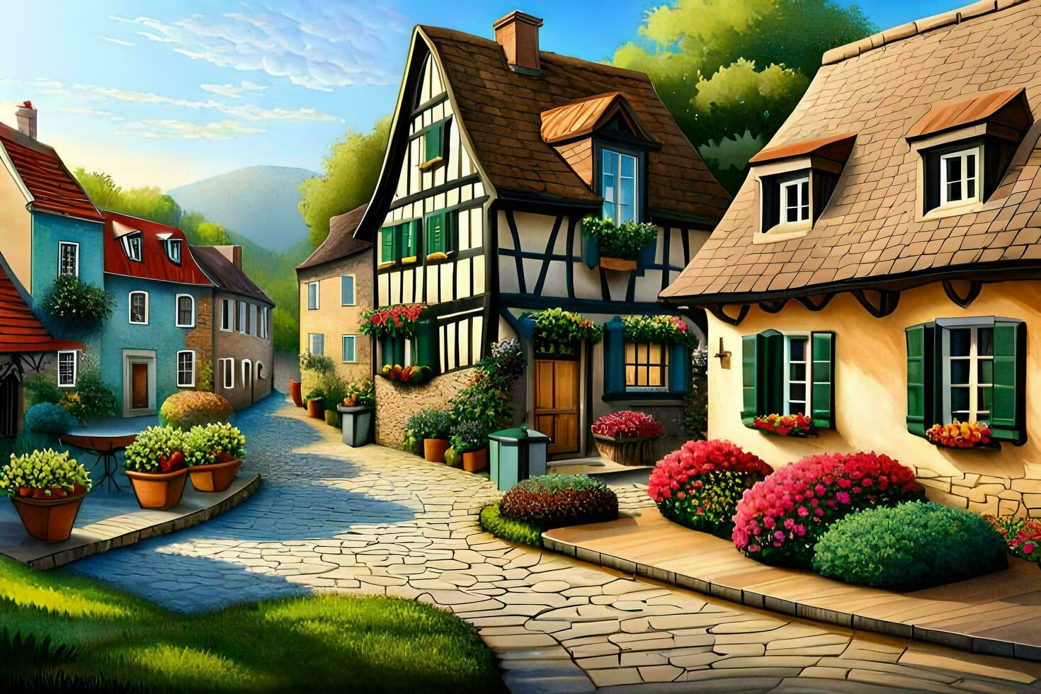 a painting of a small town with houses and flowers. AI-Generated photo