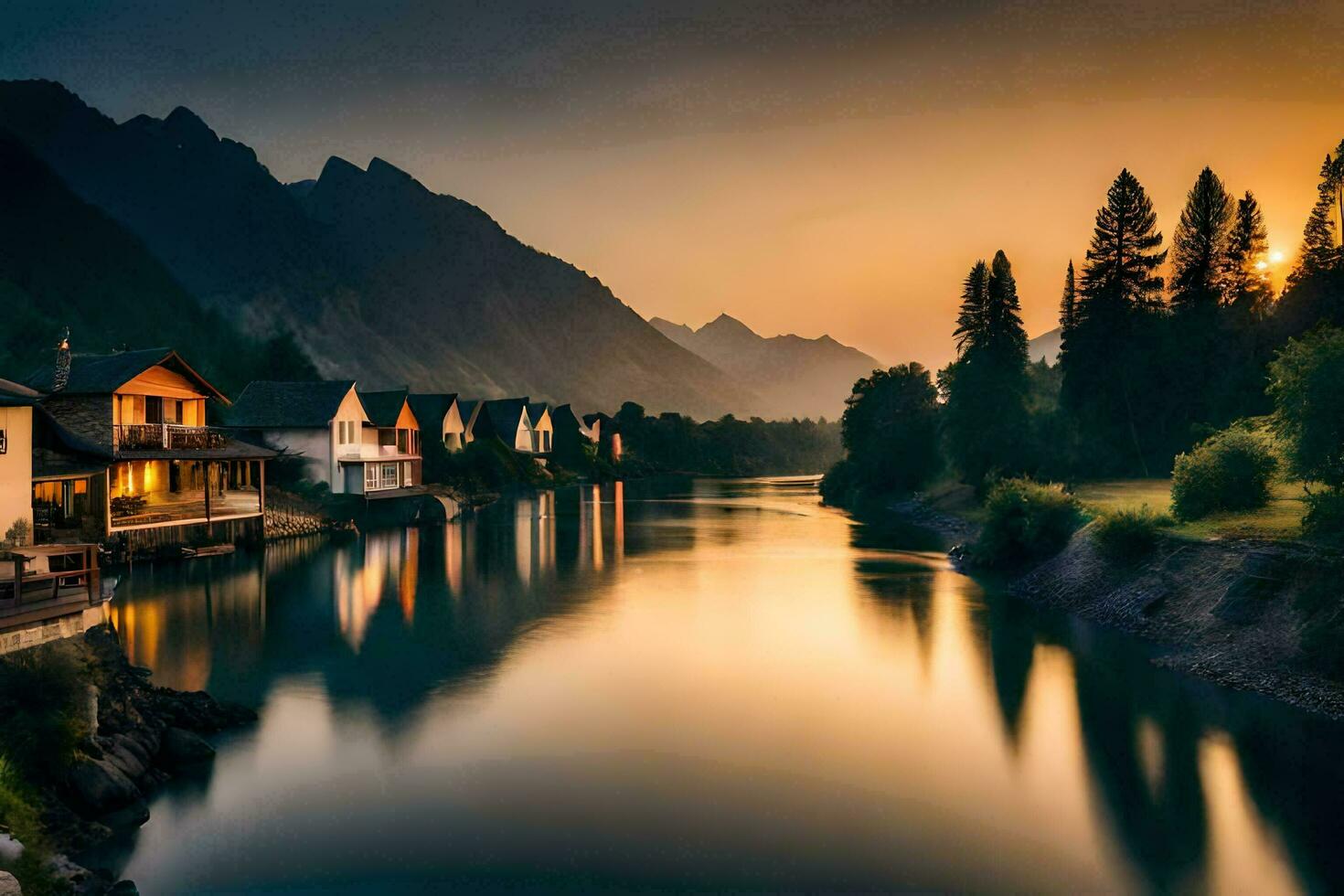 a river runs through a town at sunset. AI-Generated photo