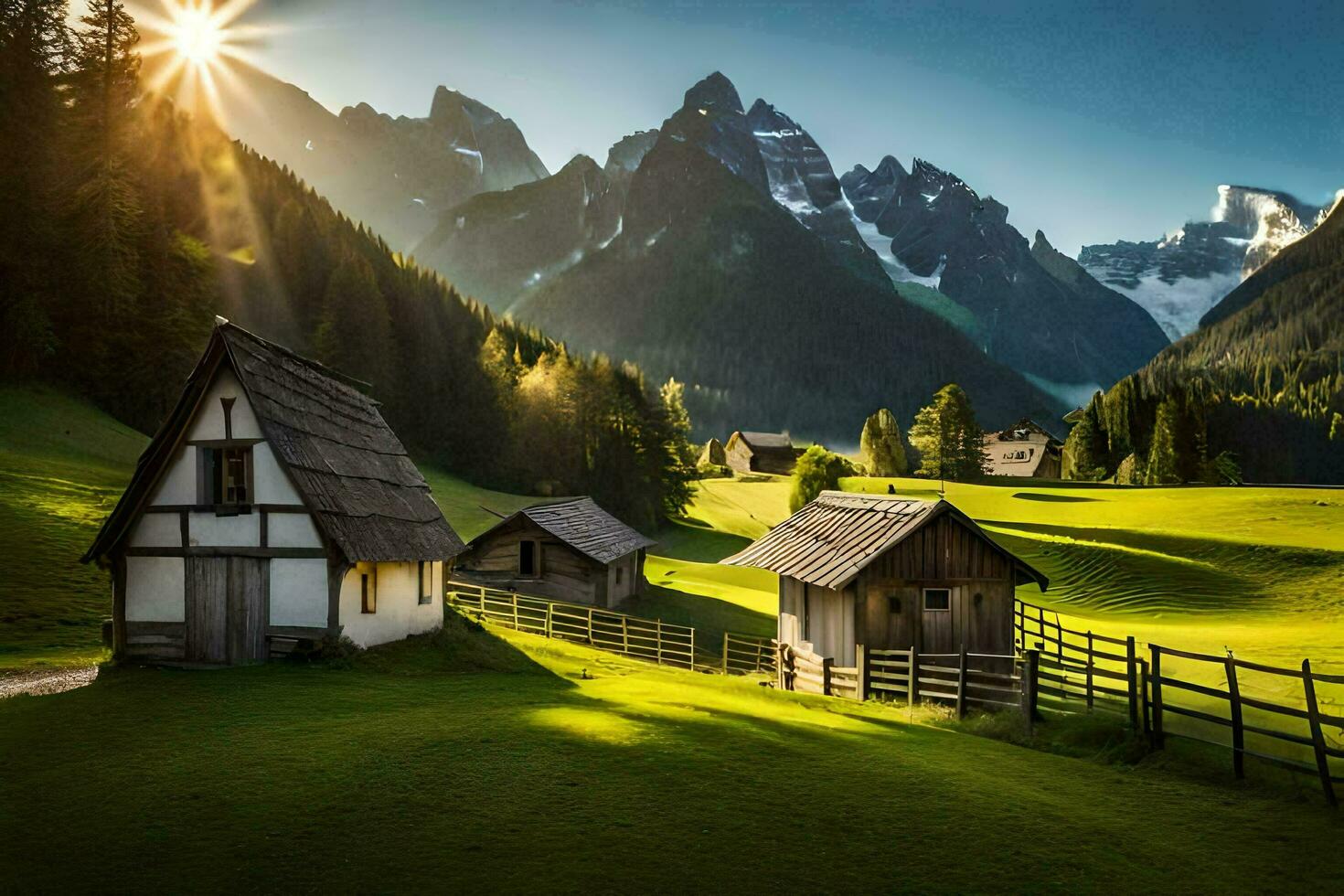 foto fondo de pantalla el cielo, montañas, césped, el sol, el montañas, el sol, el. generado por ai