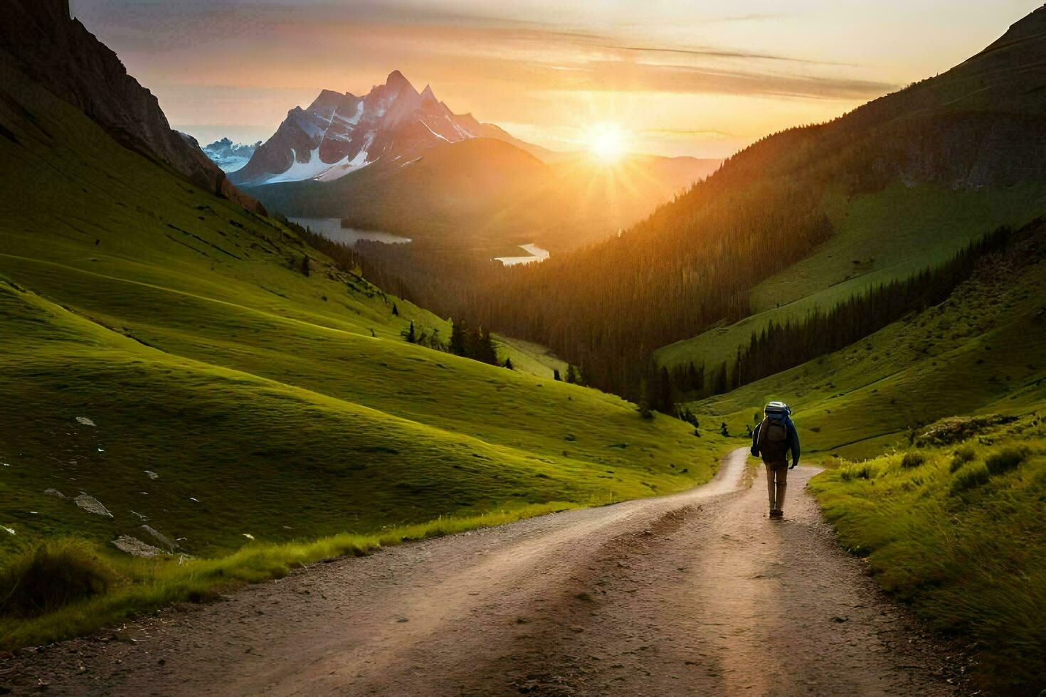 a person walking down a dirt road in the mountains. AI-Generated photo