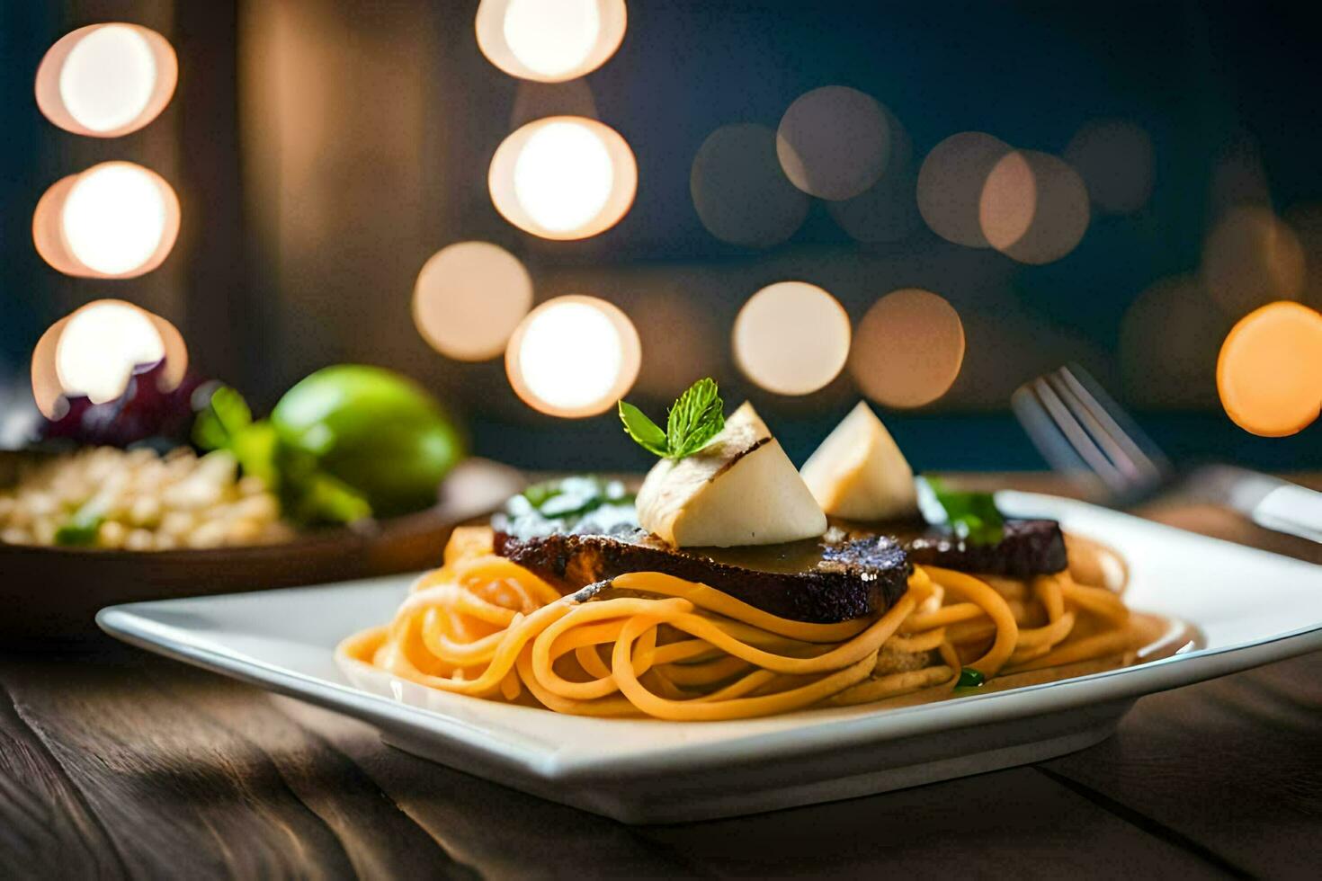 a plate of spaghetti with meat and cheese on a wooden table. AI-Generated photo