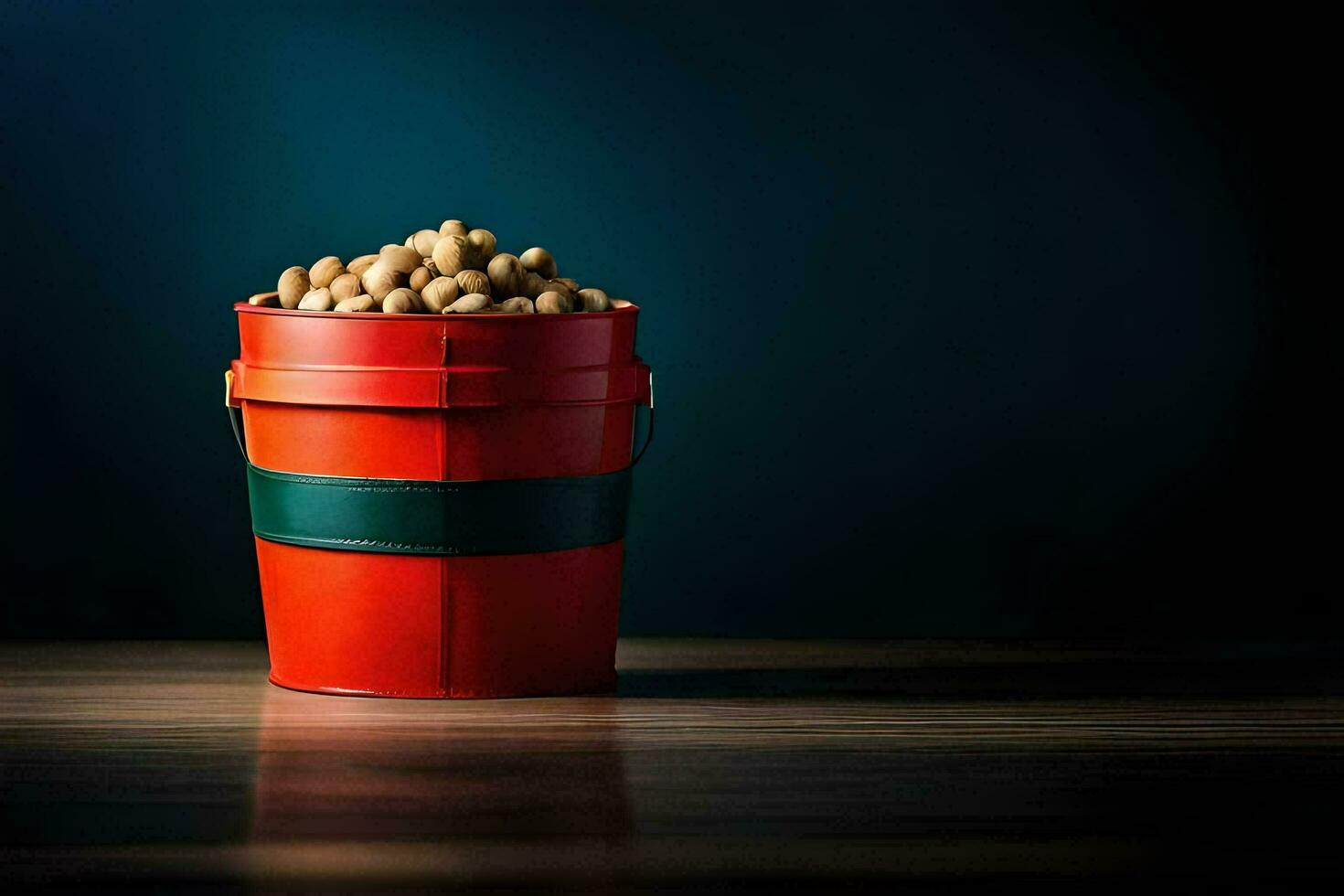 a bucket of peanuts on a table. AI-Generated photo