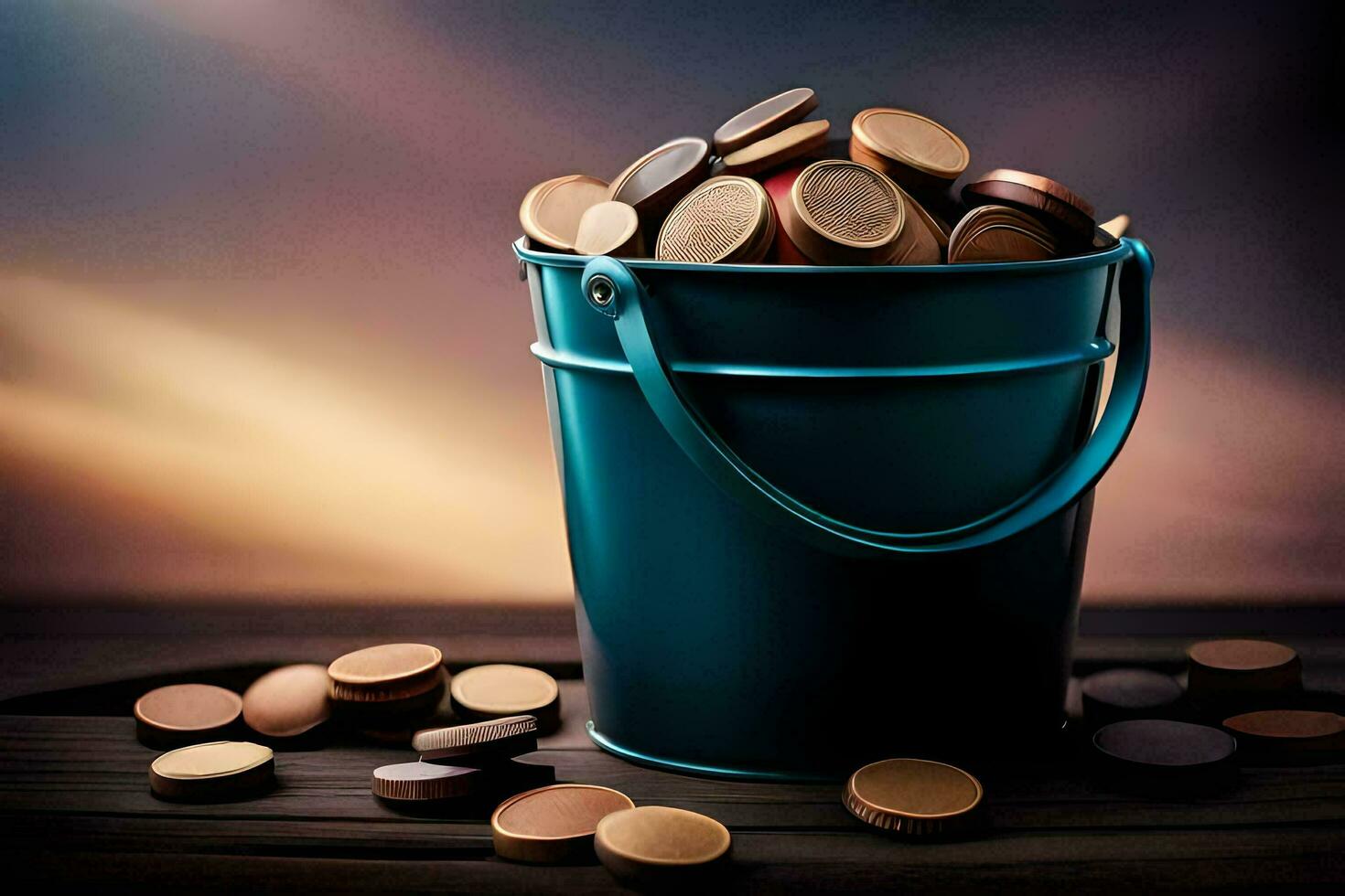 a bucket filled with coins on a wooden table. AI-Generated photo