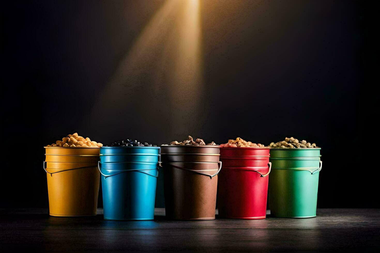five buckets of different colored beans on a dark table. AI-Generated photo
