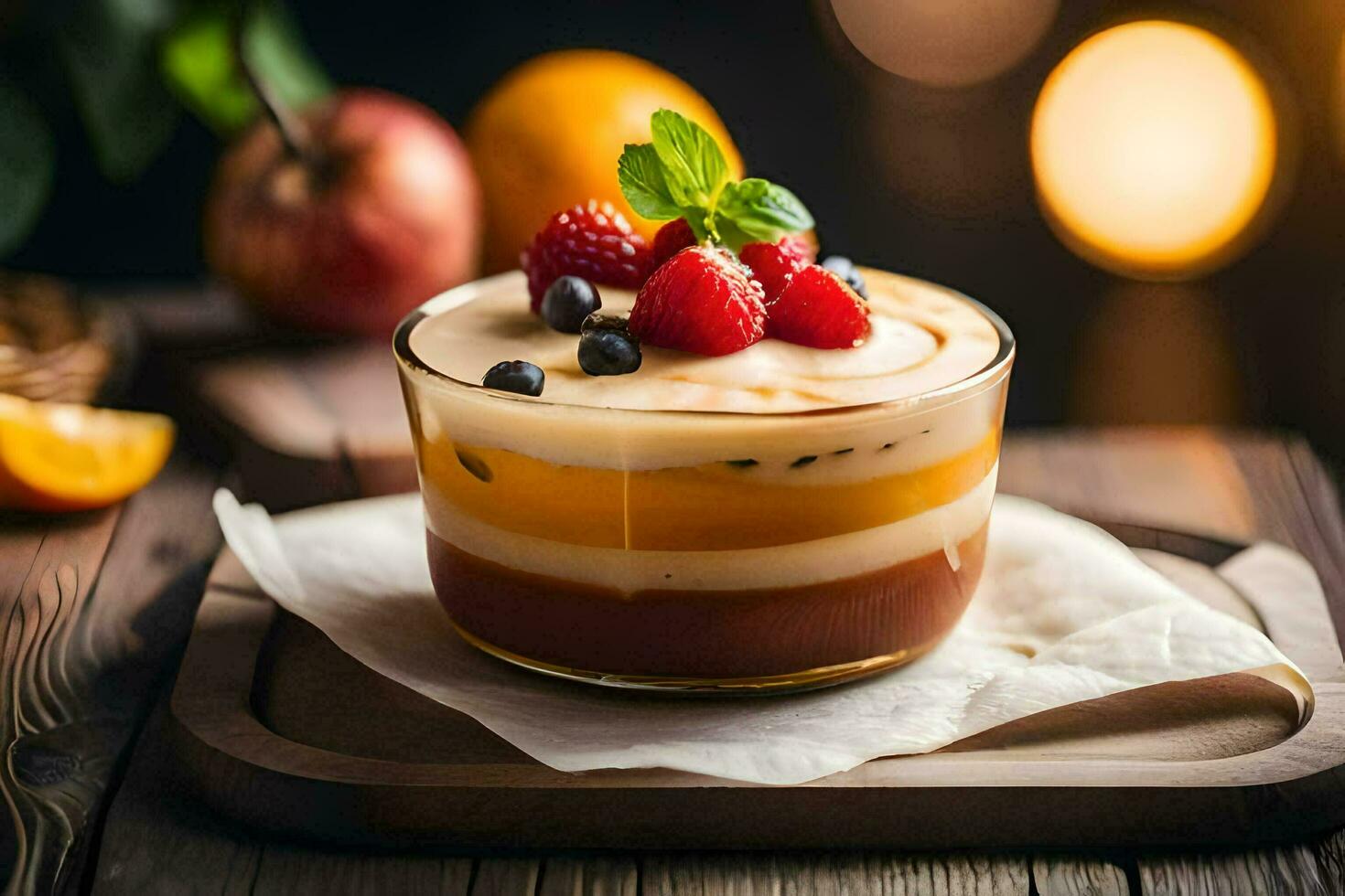 a dessert with fruit and berries on a wooden table. AI-Generated photo