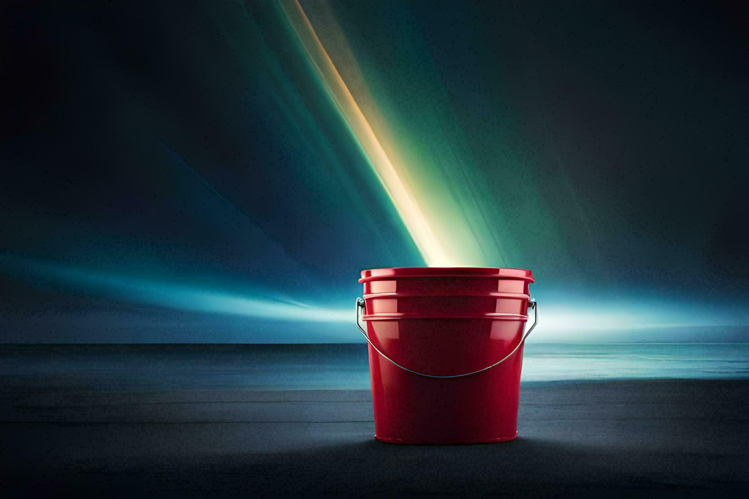 a red bucket sitting on a dark floor with a bright light shining in the