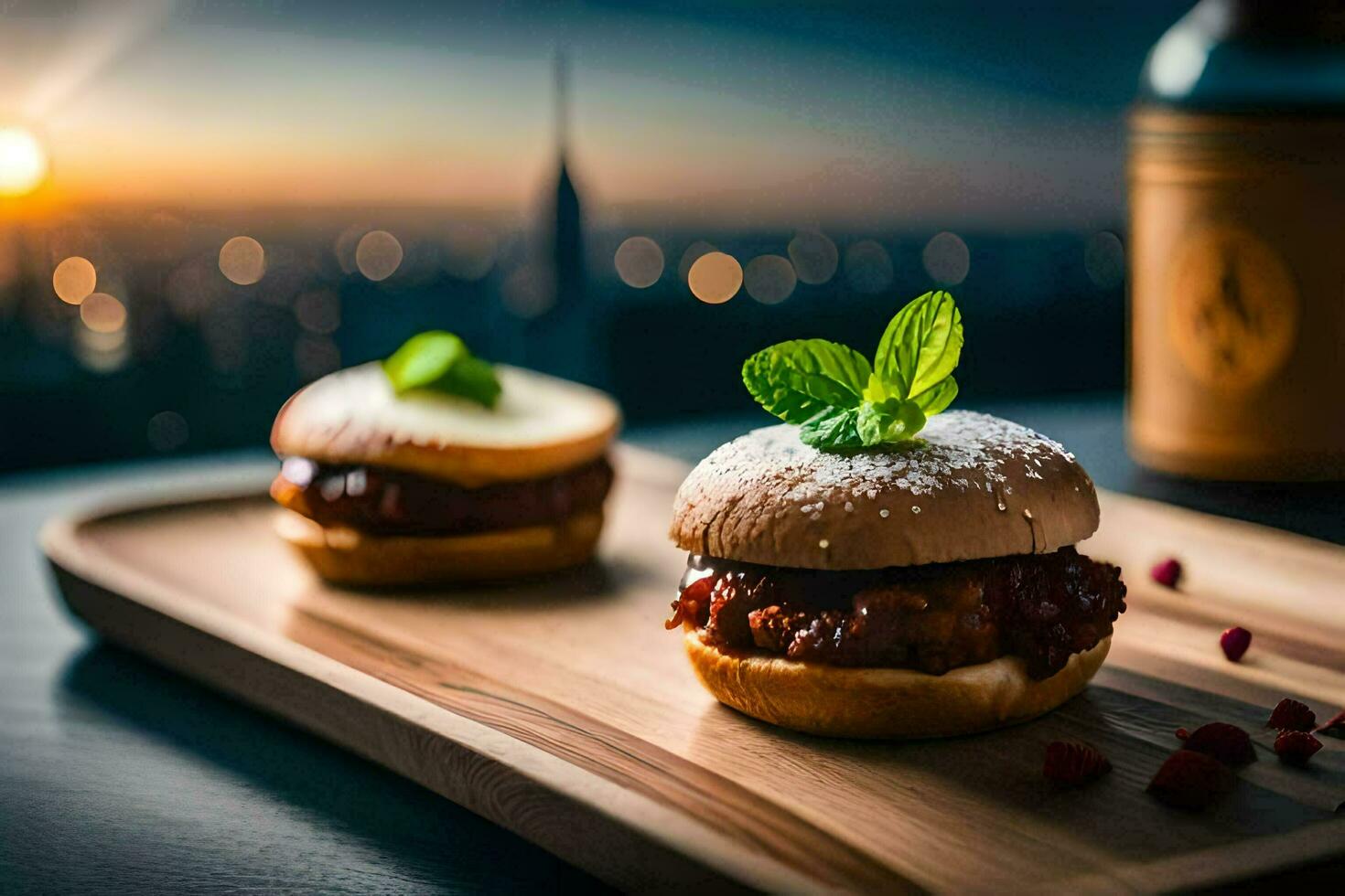 dos mini hamburguesas en un de madera bandeja con un botella de vino. generado por ai foto