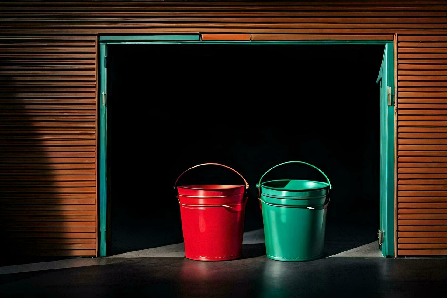 two red and green buckets sit in front of a wooden door. AI-Generated photo