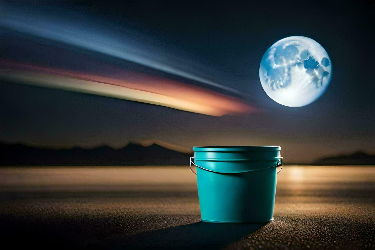 a bucket with a full moon in the background. AI-Generated photo