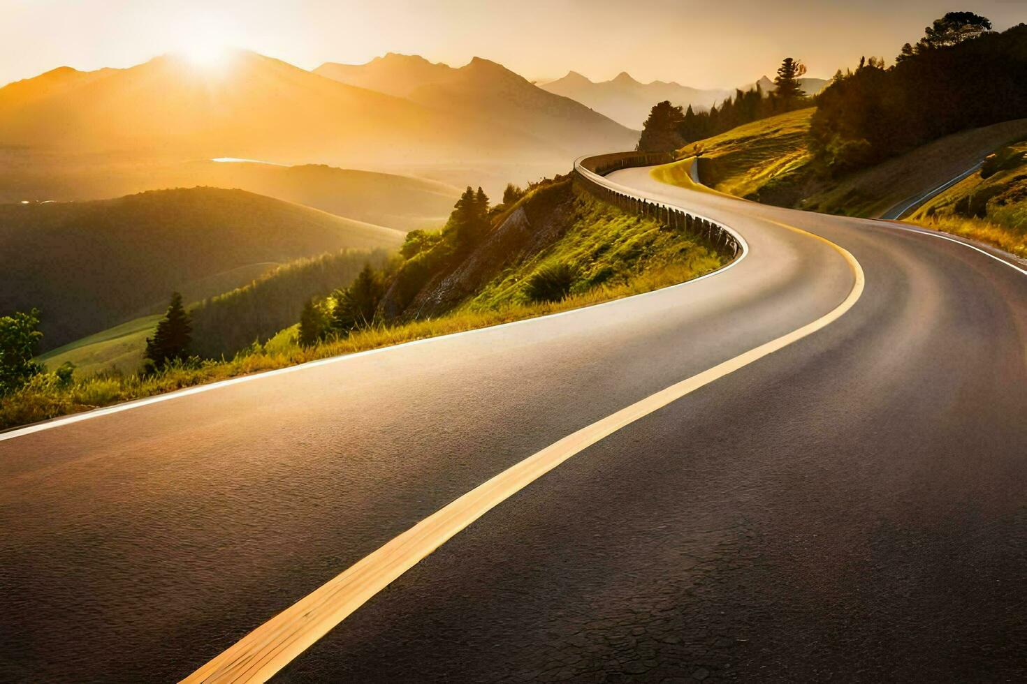 a winding road in the mountains with the sun setting. AI-Generated photo