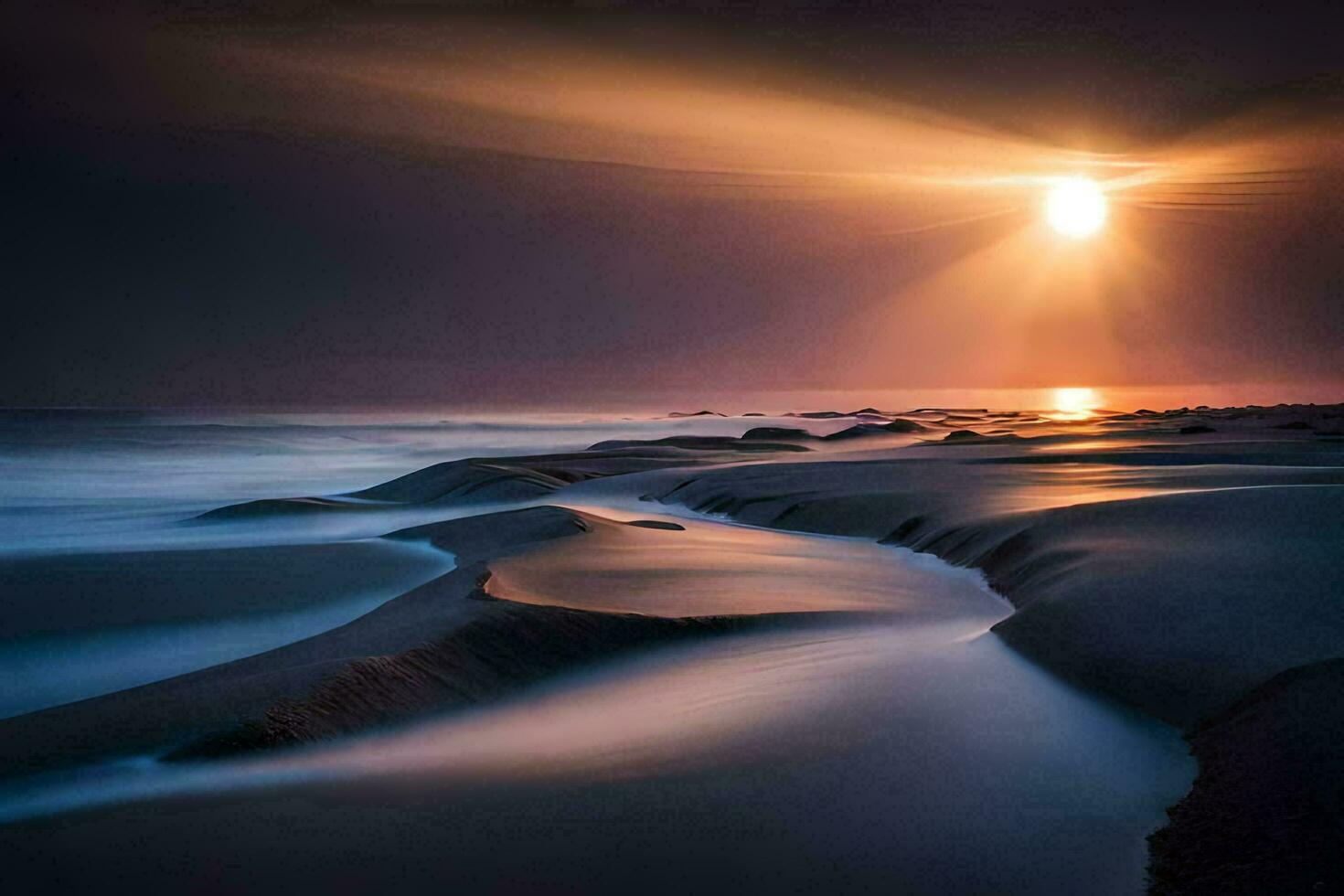 the sun shines over the ocean and waves. AI-Generated photo