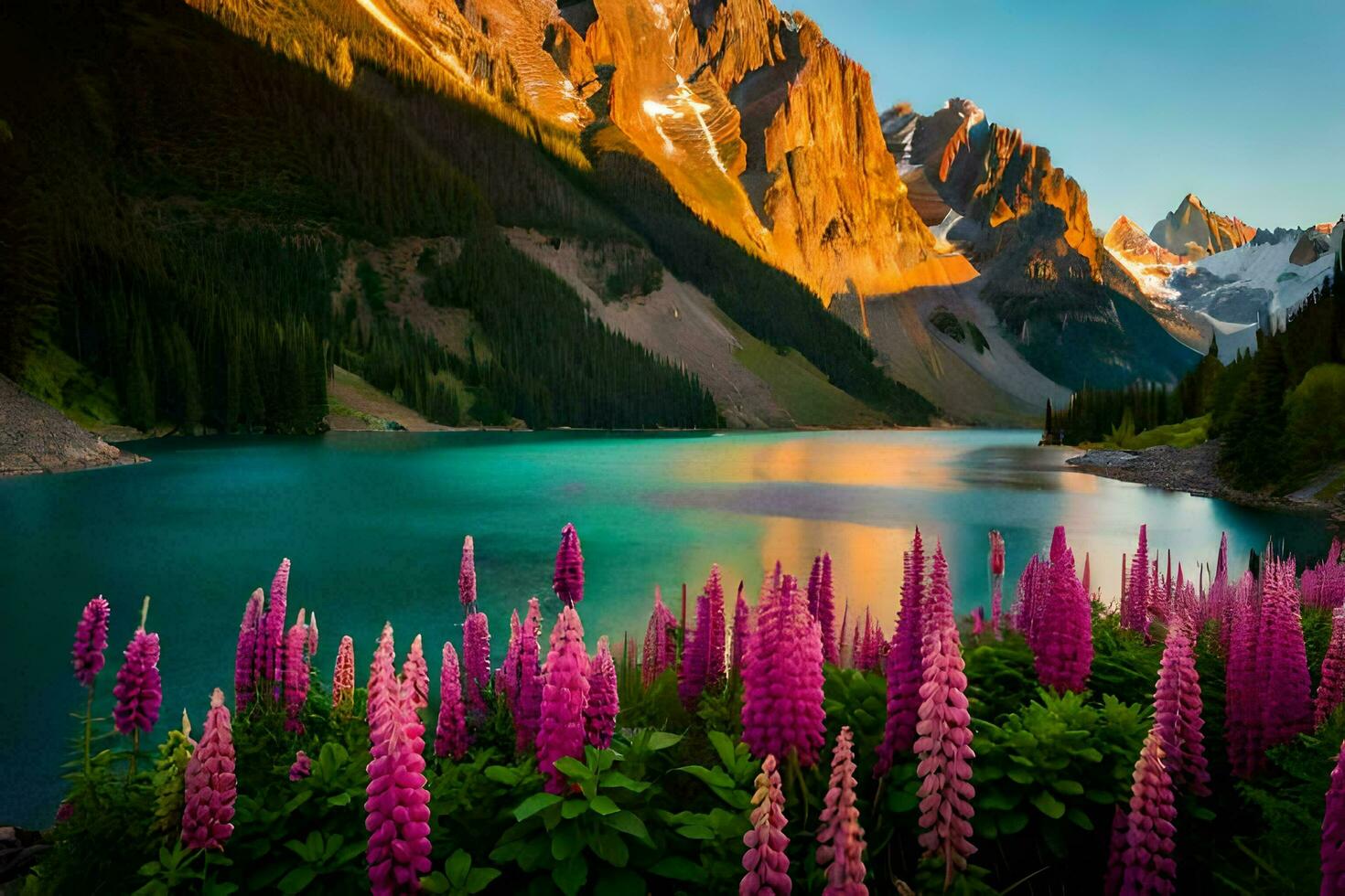 el lago es rodeado por montañas y flores generado por ai foto