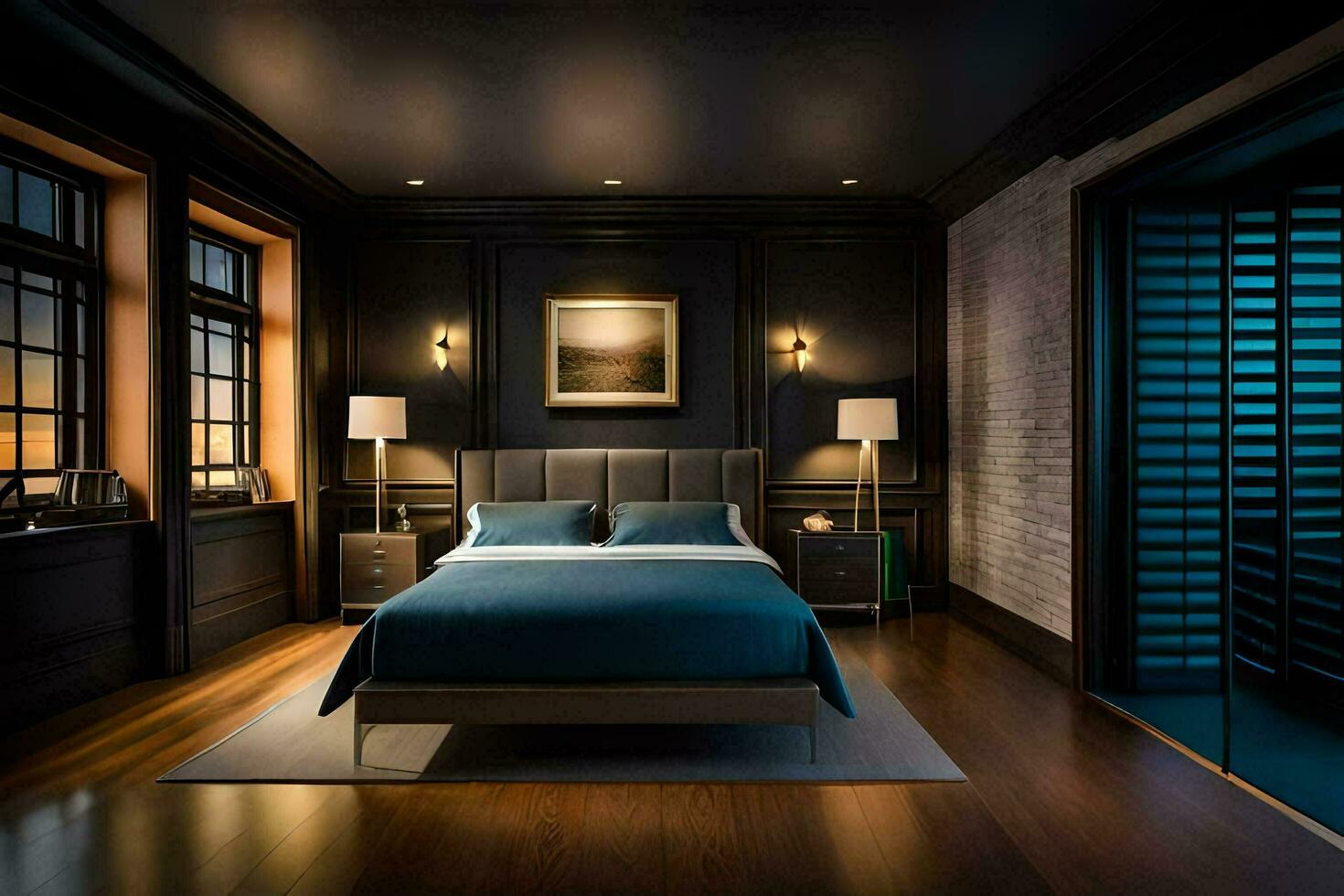 a bedroom with dark wood floors and a bed. AI-Generated photo