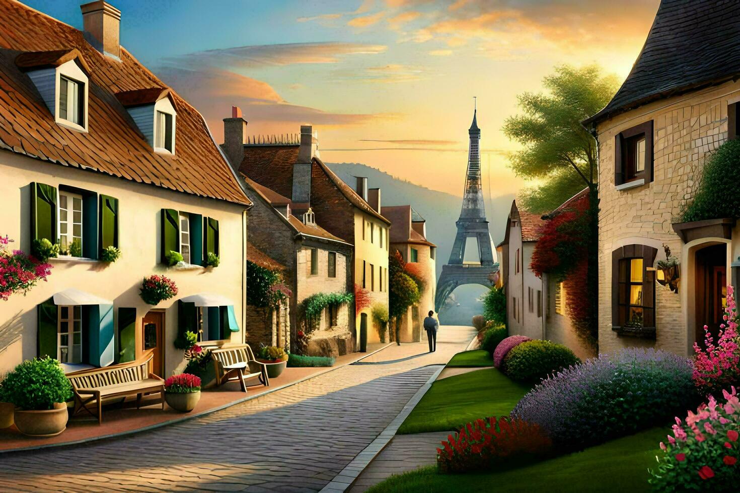 a street in paris with flowers and trees. AI-Generated photo