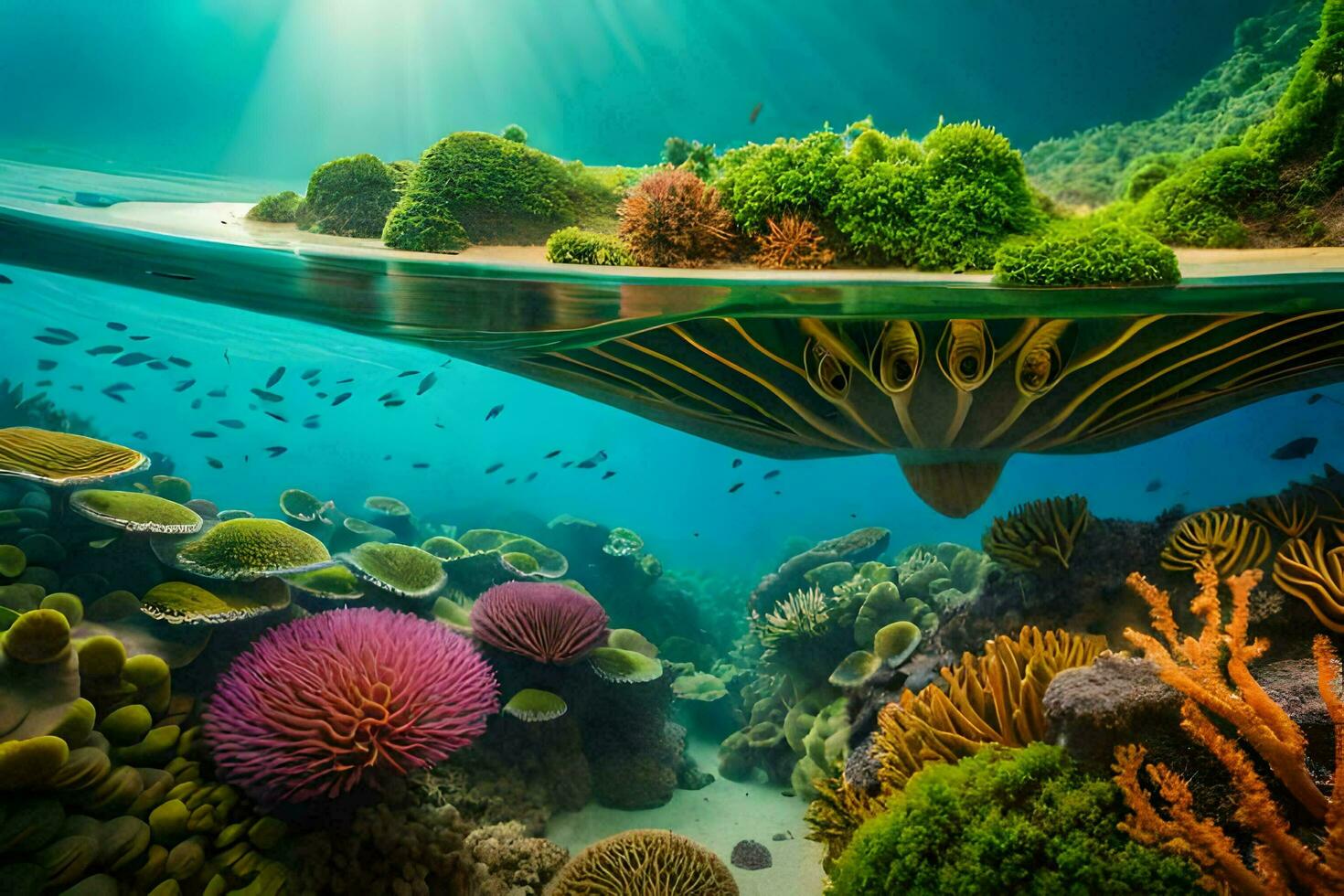 an underwater scene with coral reefs and an island. AI-Generated photo