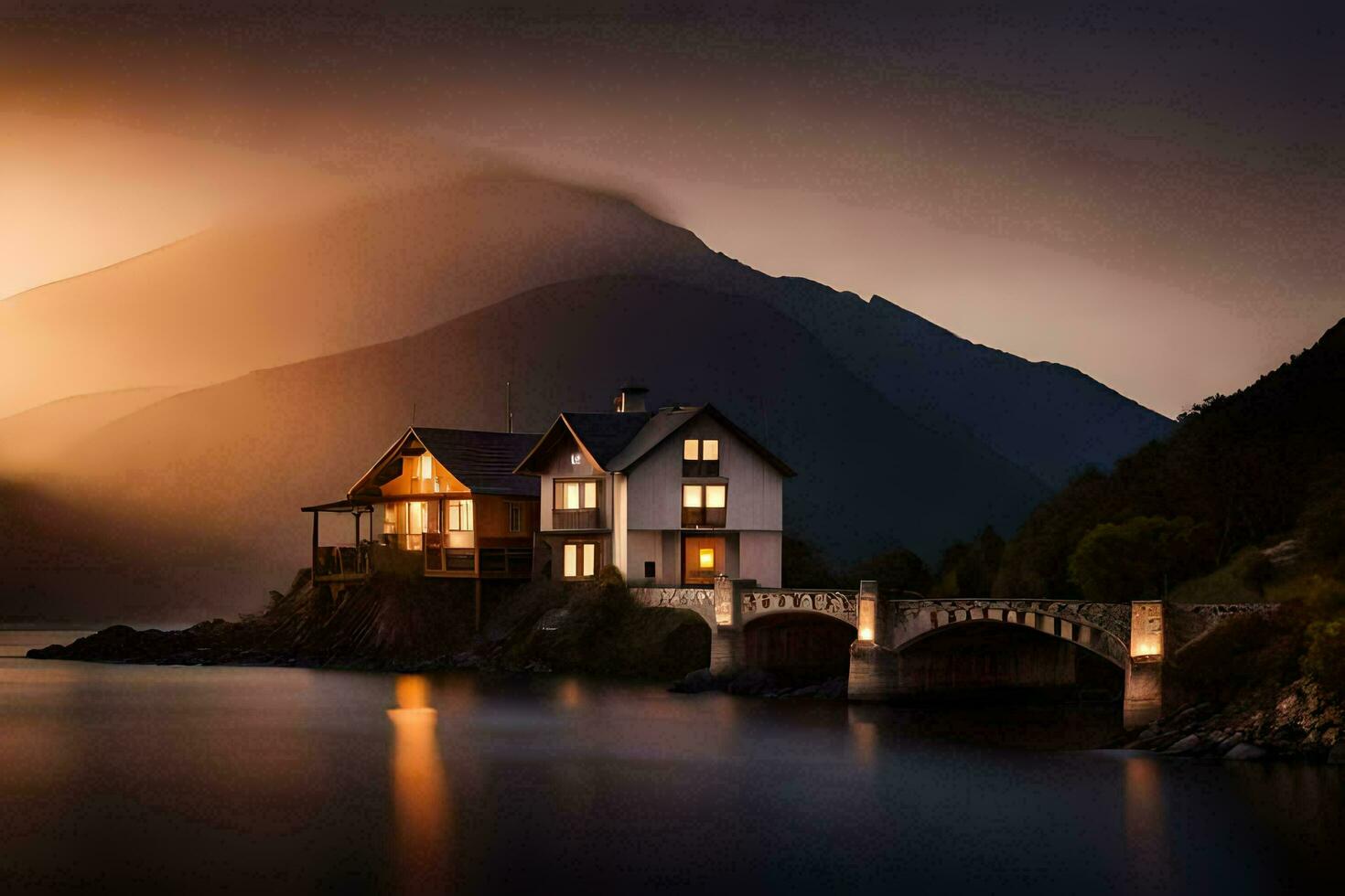 a house sits on the edge of a lake at sunset. AI-Generated photo