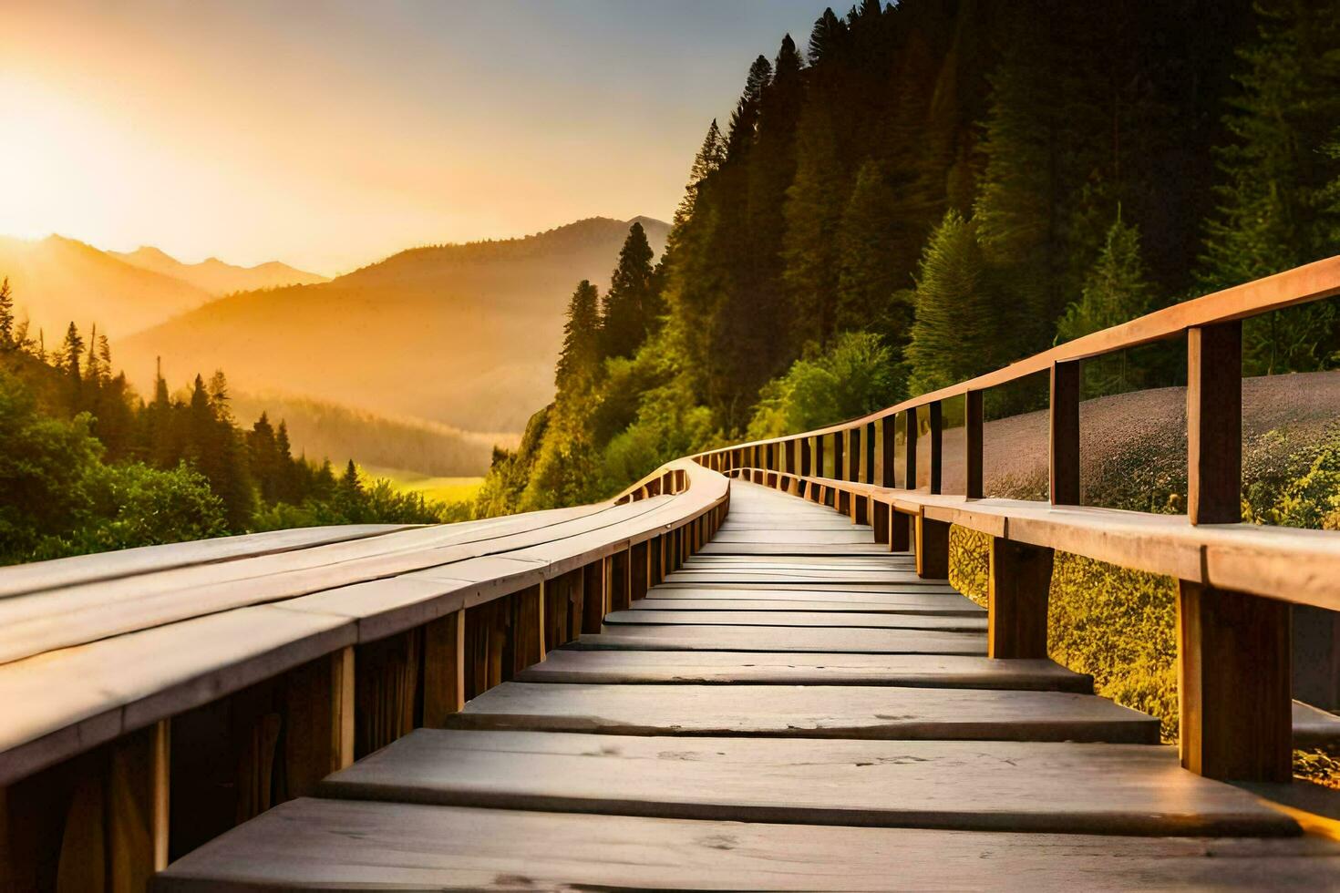 a wooden walkway leads to the sun in the mountains. AI-Generated photo