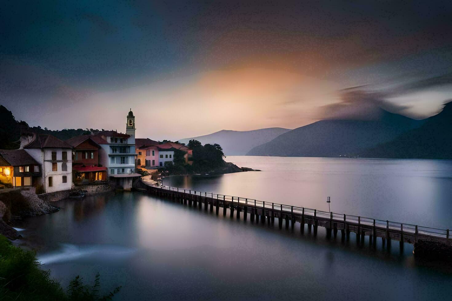 un largo exposición fotografía de un muelle y casas en el apuntalar de un lago. generado por ai foto