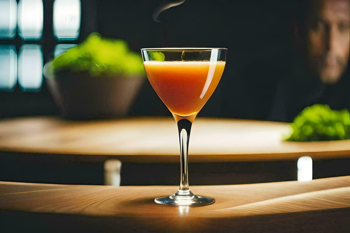 a cocktail sitting on a table with a man in the background. AI-Generated photo