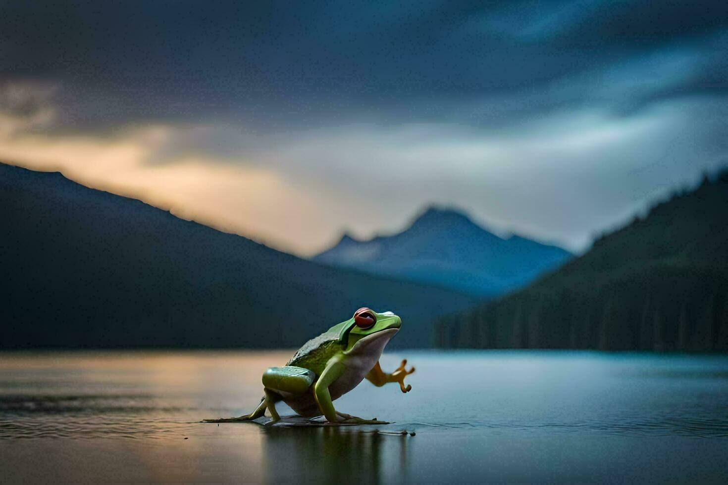 a frog sitting on the edge of a lake. AI-Generated photo