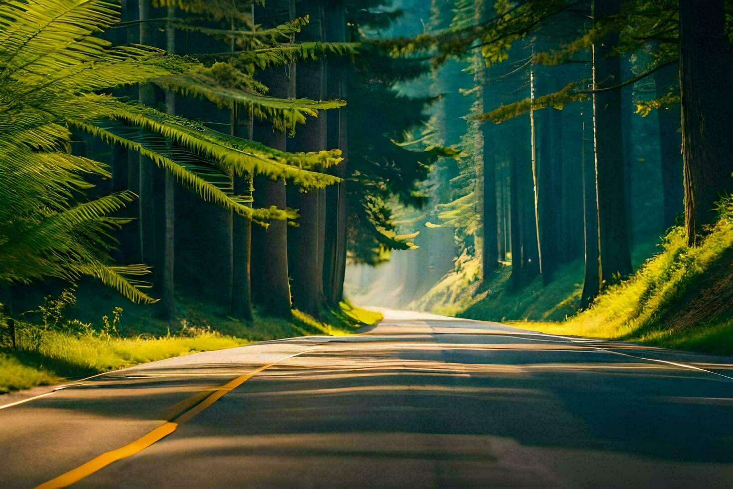 a road in the woods with trees and sun. AI-Generated photo