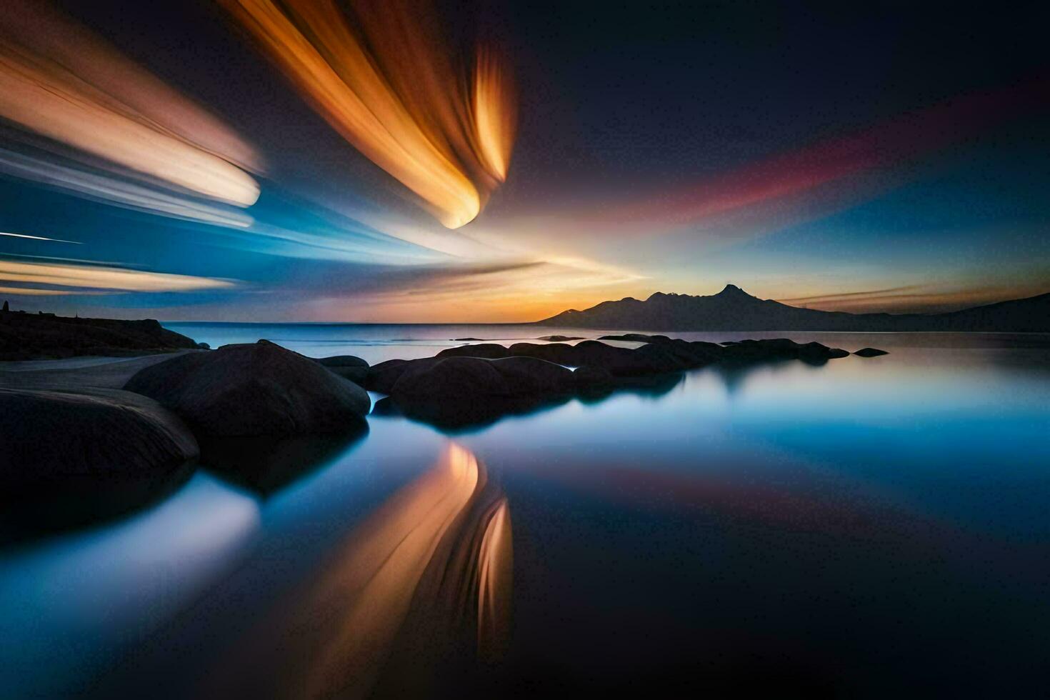 the sun sets over a mountain and rocks in the water. AI-Generated photo
