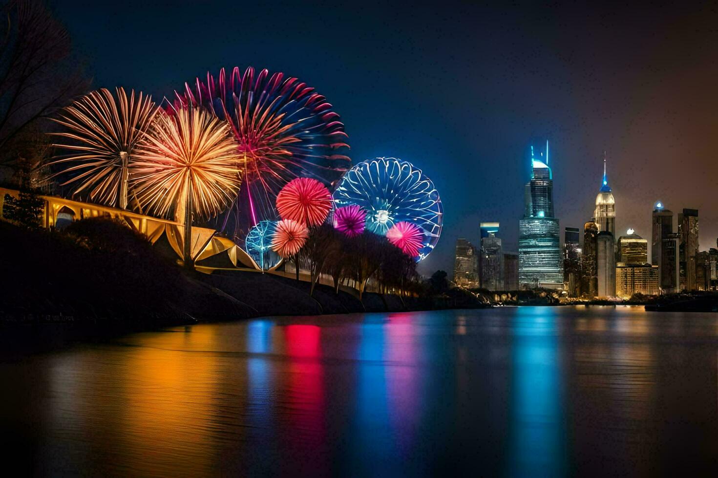 fireworks over the chicago skyline. AI-Generated photo