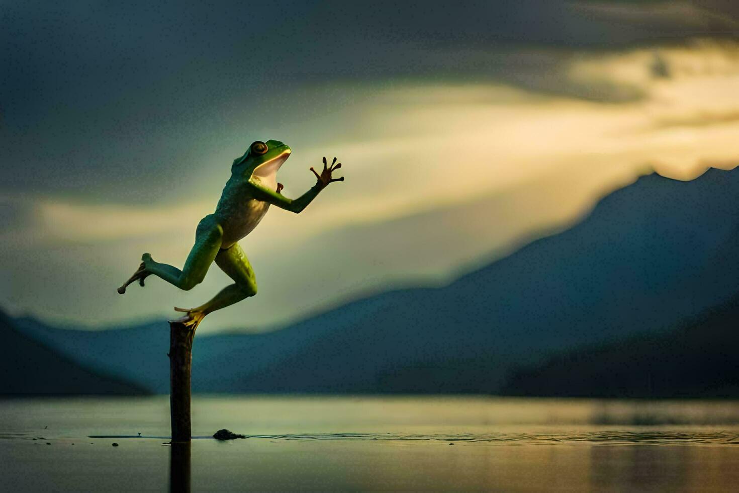 a frog jumping on a pole in the water. AI-Generated photo