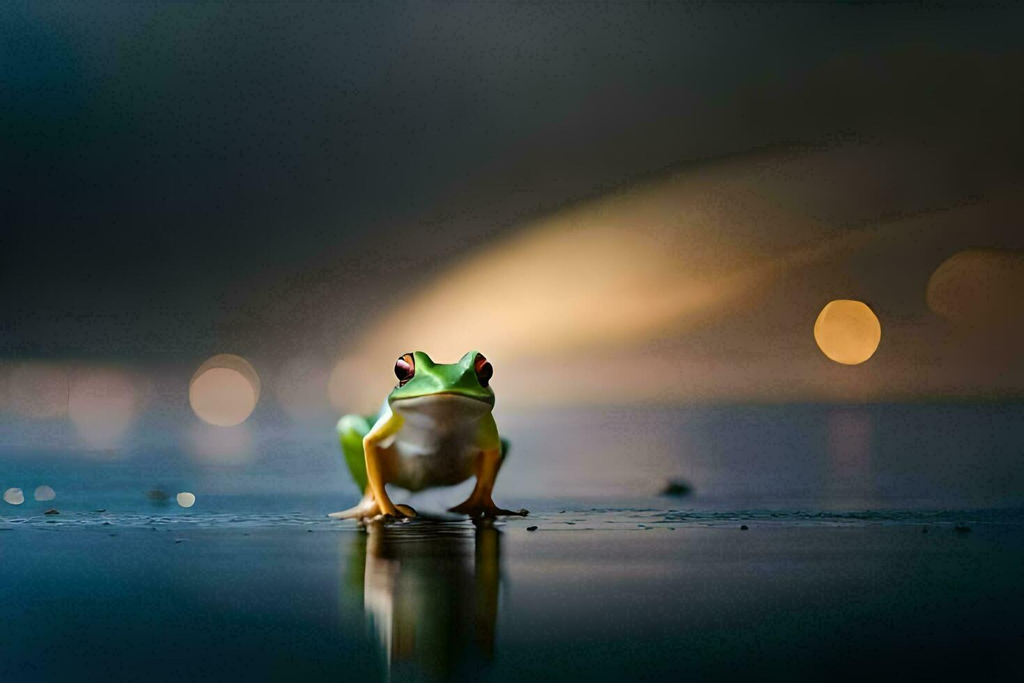a frog is standing on the wet ground. AI-Generated photo