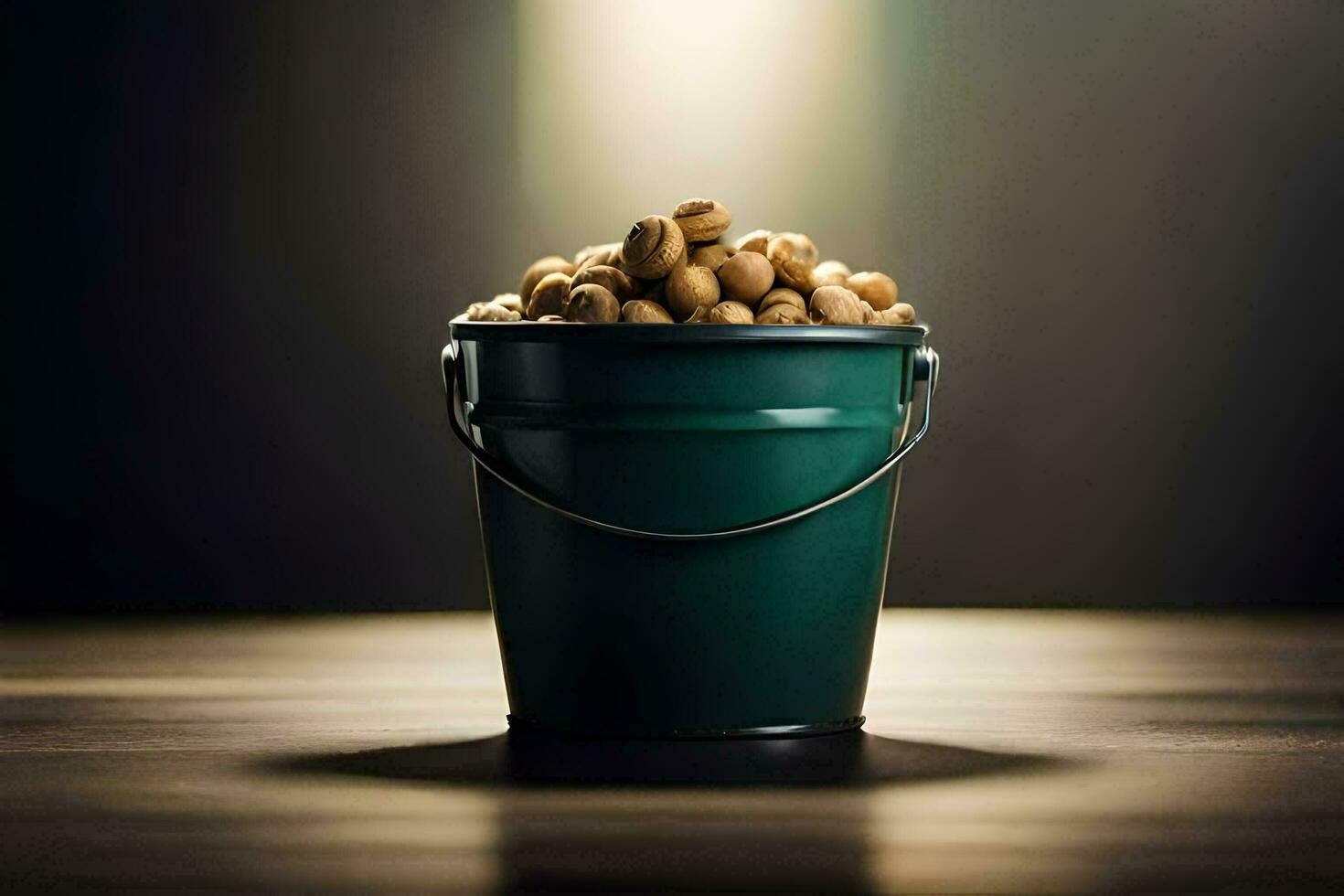 a bucket filled with peanuts on a table. AI-Generated photo