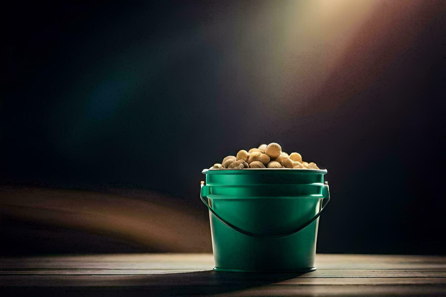a bucket of peanuts on a table. AI-Generated photo