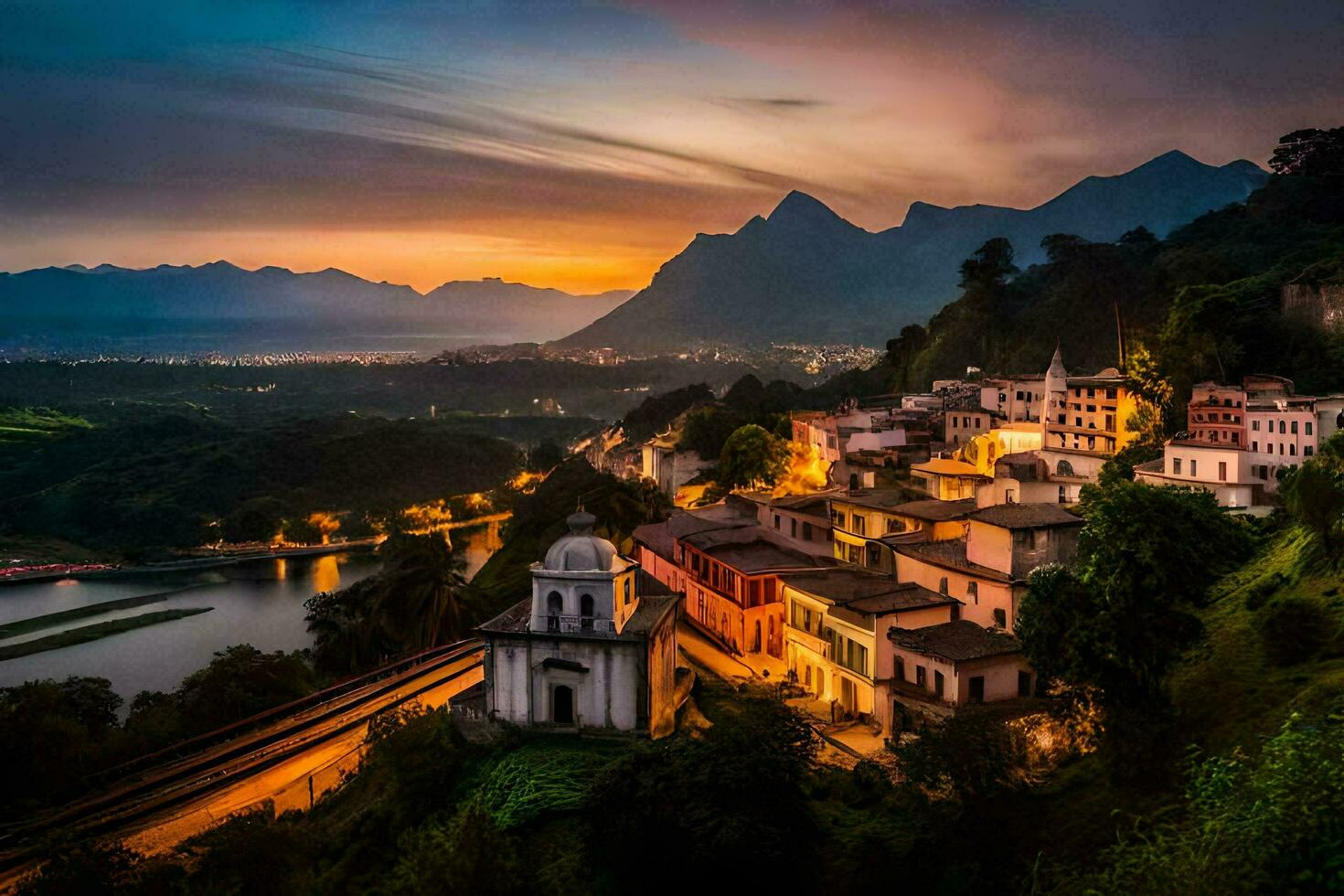 the sunset over a village in italy. AI-Generated photo