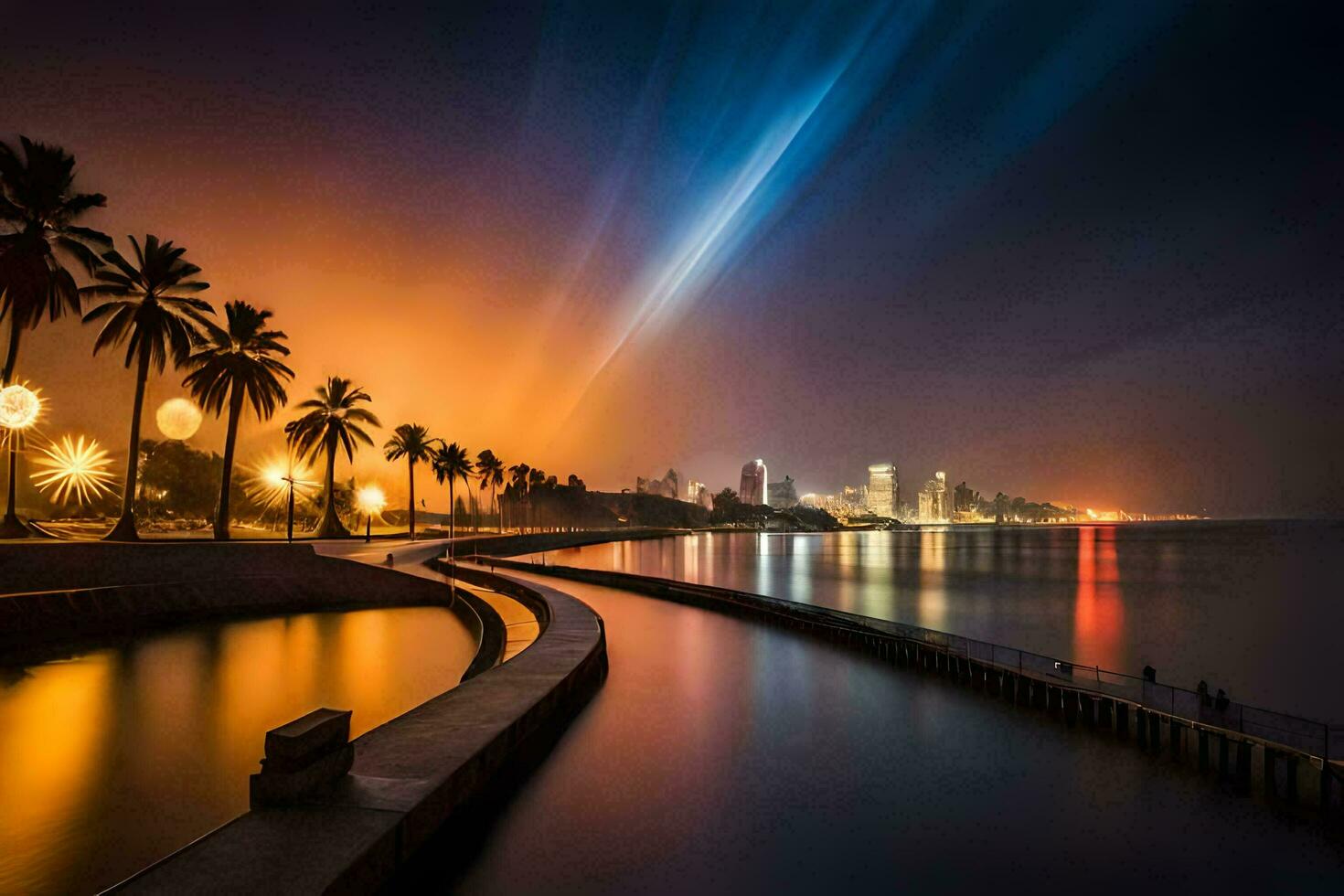 a long exposure photograph of the city skyline at night photo