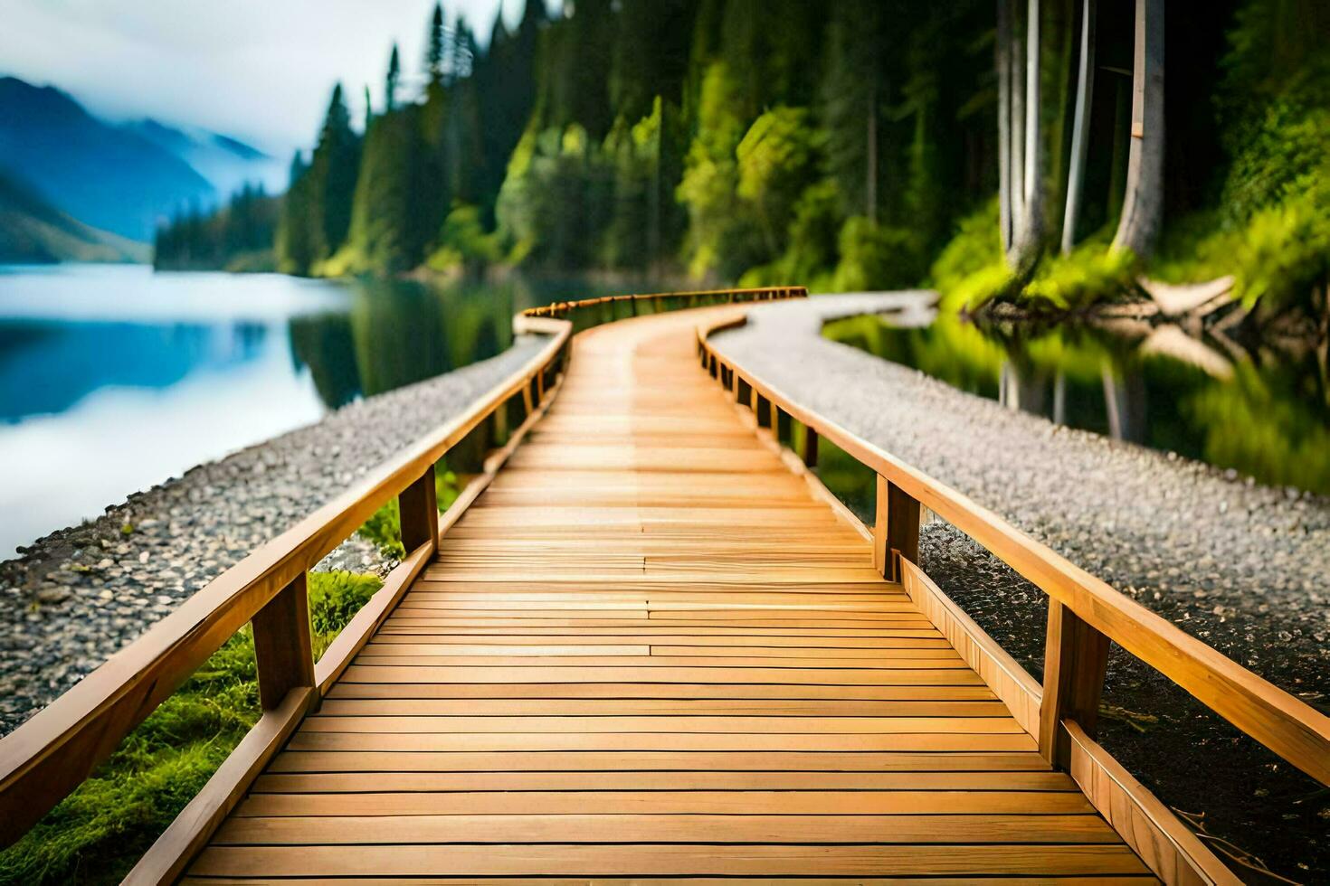 a wooden walkway leads to a lake and forest. AI-Generated photo