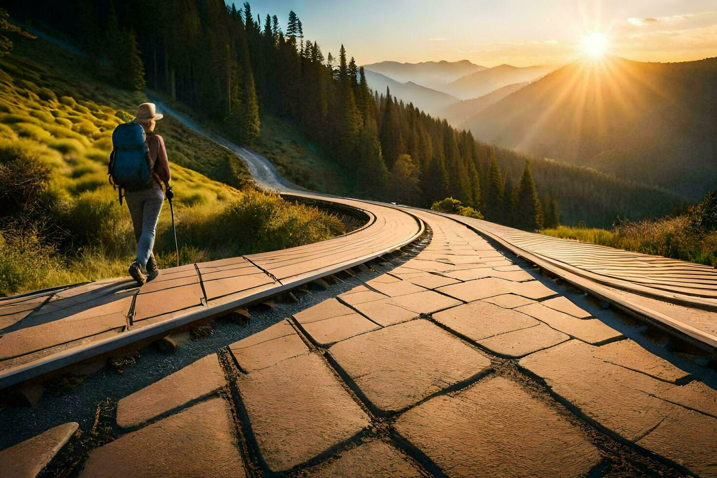 a person walking along a railroad track at sunset. AI-Generated photo