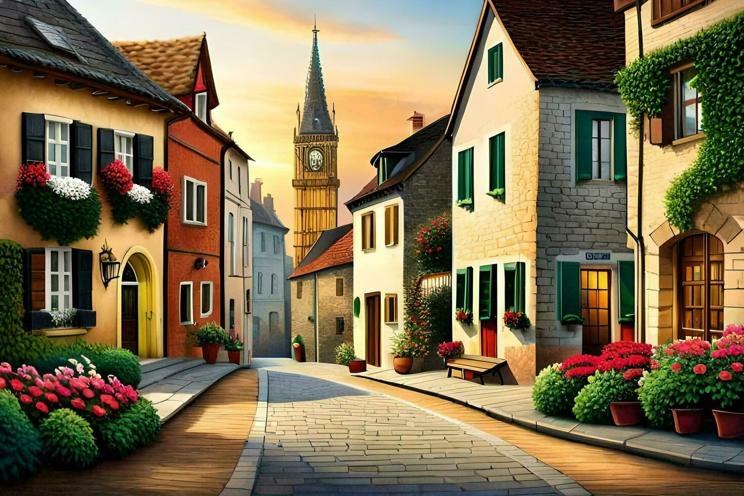 an illustration of a street in europe. AI-Generated photo